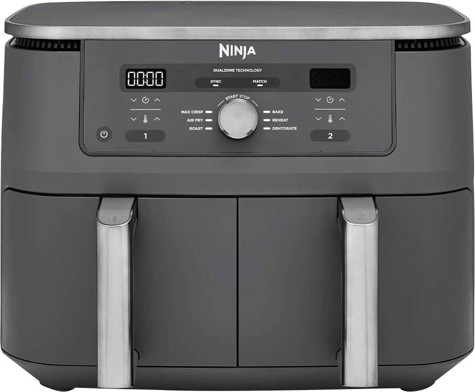'Een zwarte Ninja dual-zone airfryer met digitaal display en twee aparte kookmanden.'