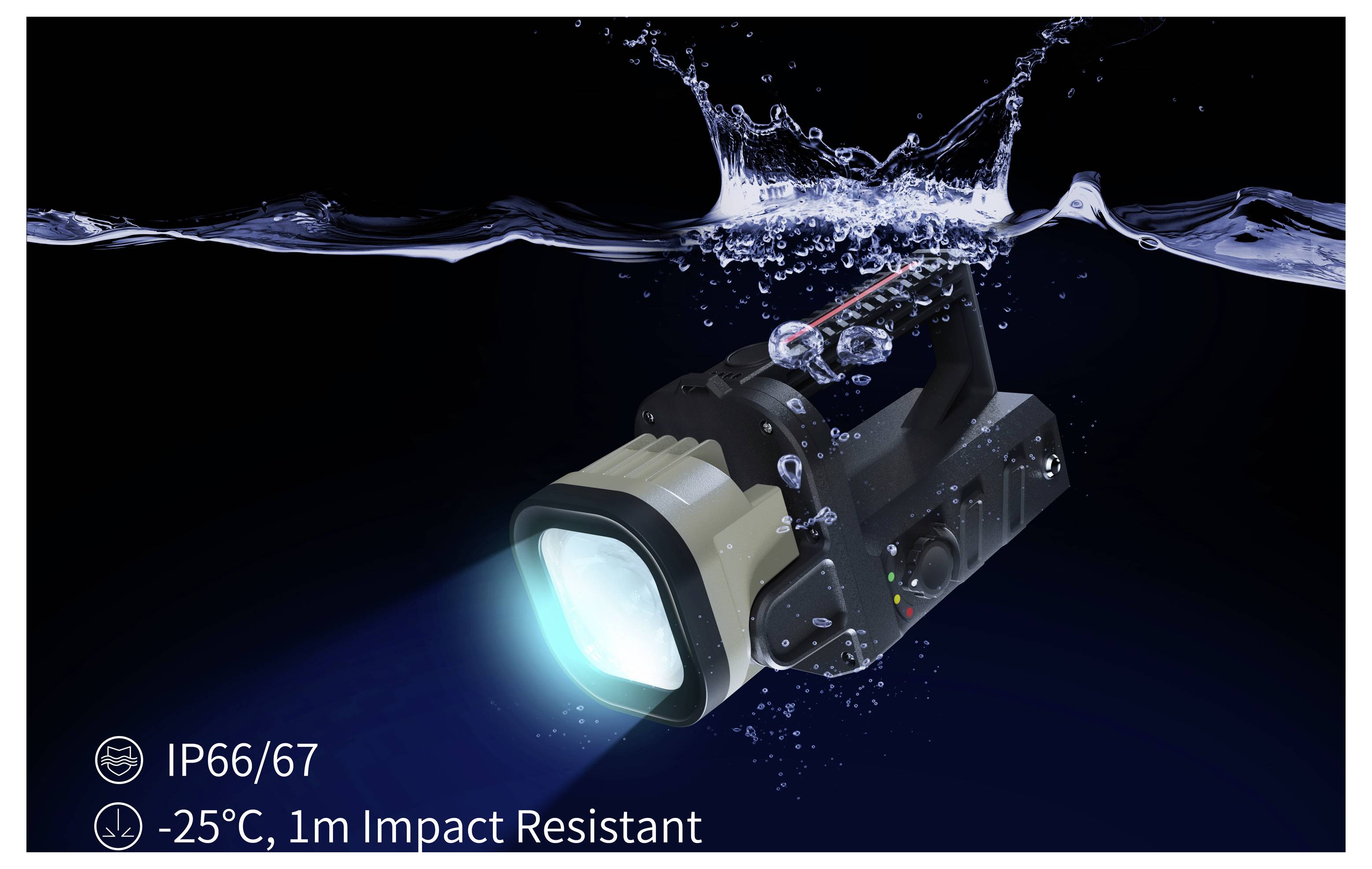 Waterdichte industriële camera die blauw licht onder water uitzendt, gelabeld IP66/67, -25°C, en schokbestendig tegen val uit 1 meter.