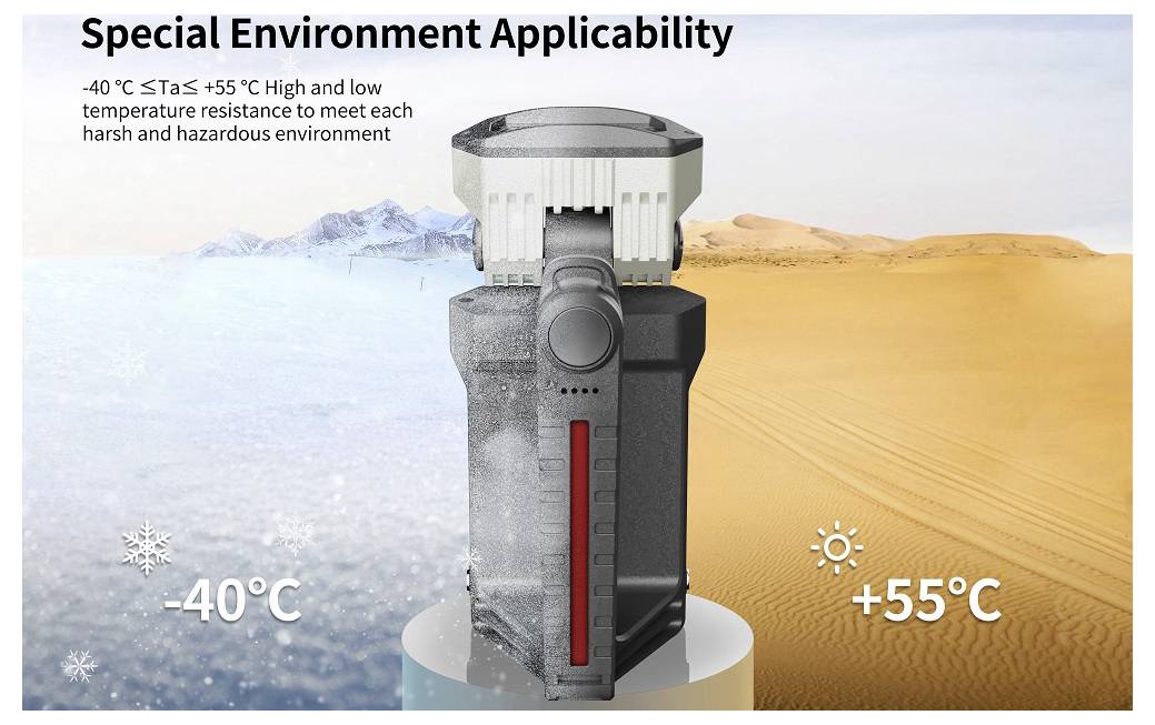Product gepresenteerd als geschikt voor speciale omgevingen, met tekst stellende dat het werkt van -40°C tot +55°C en lage- en hoge-temperatuurbestendigheid heeft.
