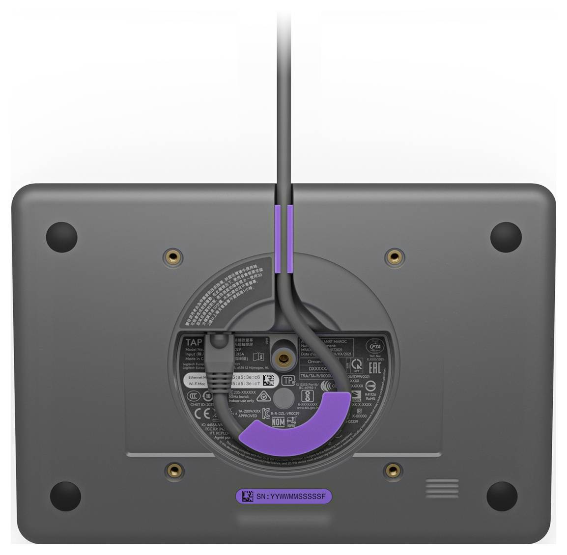 Achterzicht van een aan de wand gemonteerd apparaat met een zwarte kabel die in het midden naar beneden loopt, met zichtbare bevestigingspunten en een paarse kabelklem of connectorkap.