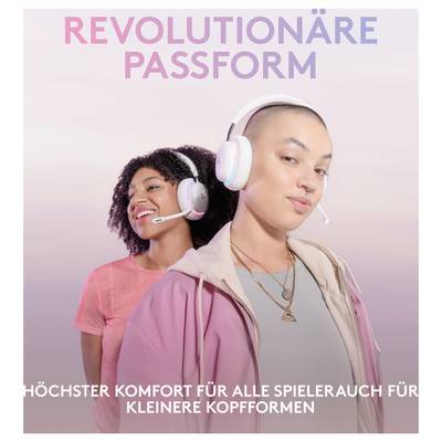 Twee vrouwen die witte gaming-headsets dragen, promoten 'REVOLUTIONAIRE PASVORM' en 'HOOGSTE COMFORT VOOR ALLE SPELERS, OOK VOOR KLEINERE HOOFDVORMEN'.