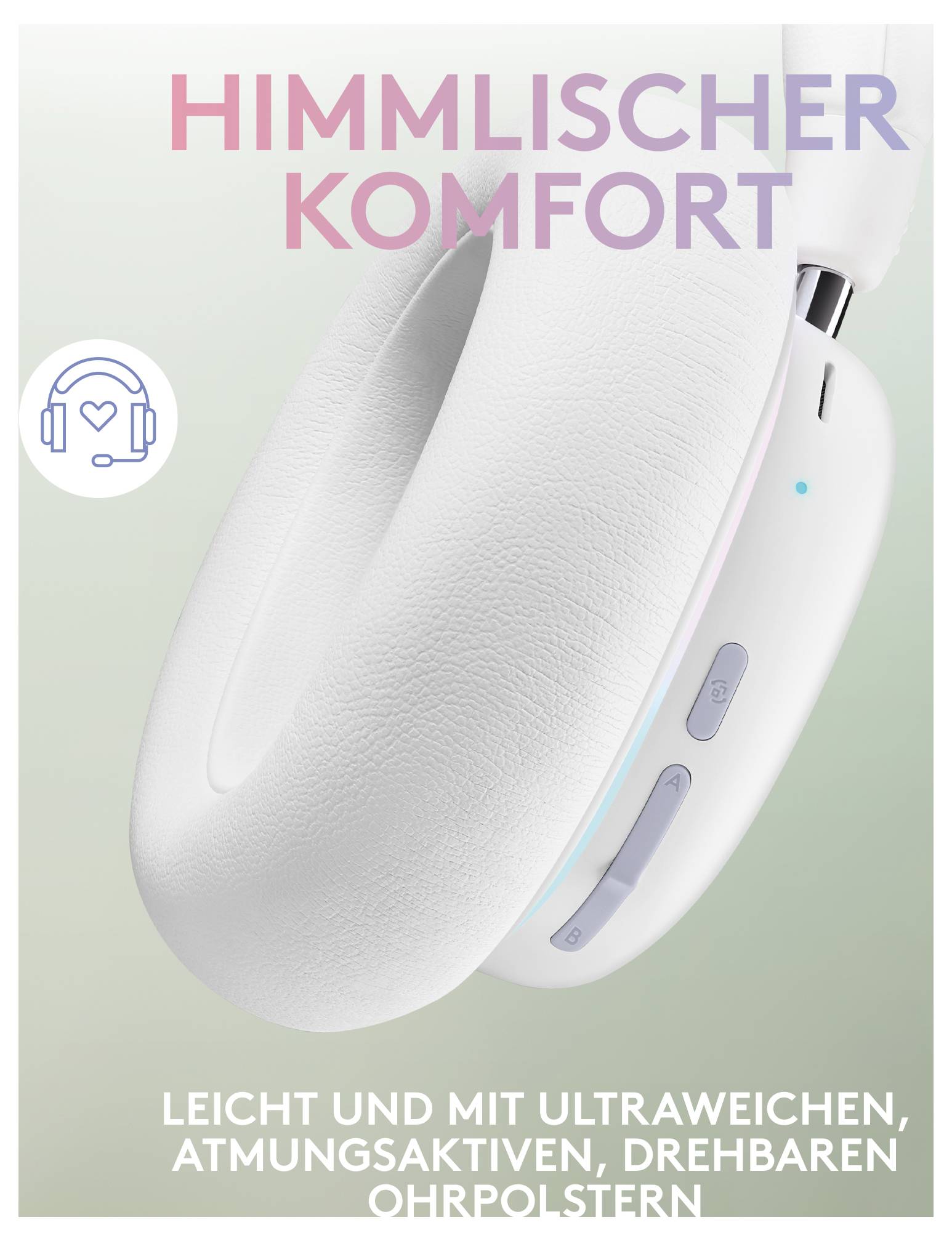 Advertentieafbeelding van een wit over-ear koptelefoon-achtig apparaat met Duitse tekst 'HEMELSE COMFORT' en 'LICHT EN MET ULTRASOFT, ADEMEND, DRAAIBAAR...' die comfortfuncties promoot.