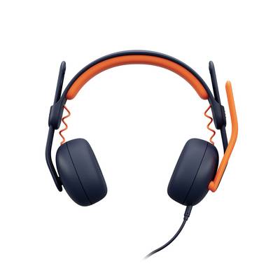 Zwart en oranje over-ear bedrade koptelefoon met een boomtmicrofoon op een witte achtergrond.