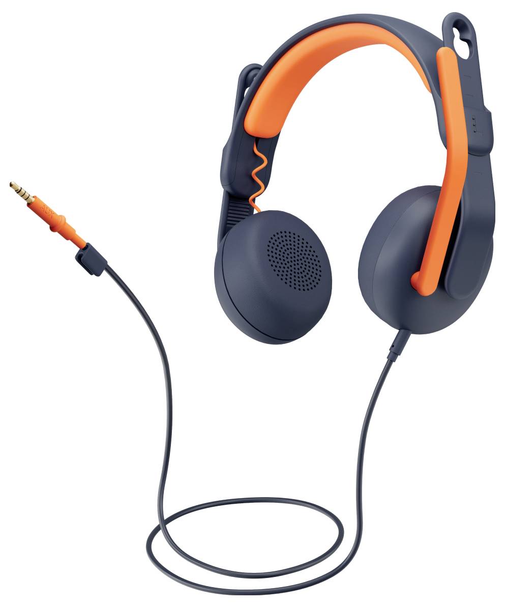 Zwart en oranje over-ear bedrade koptelefoon met microfoonboom en 3,5 mm audiostekker op een witte achtergrond