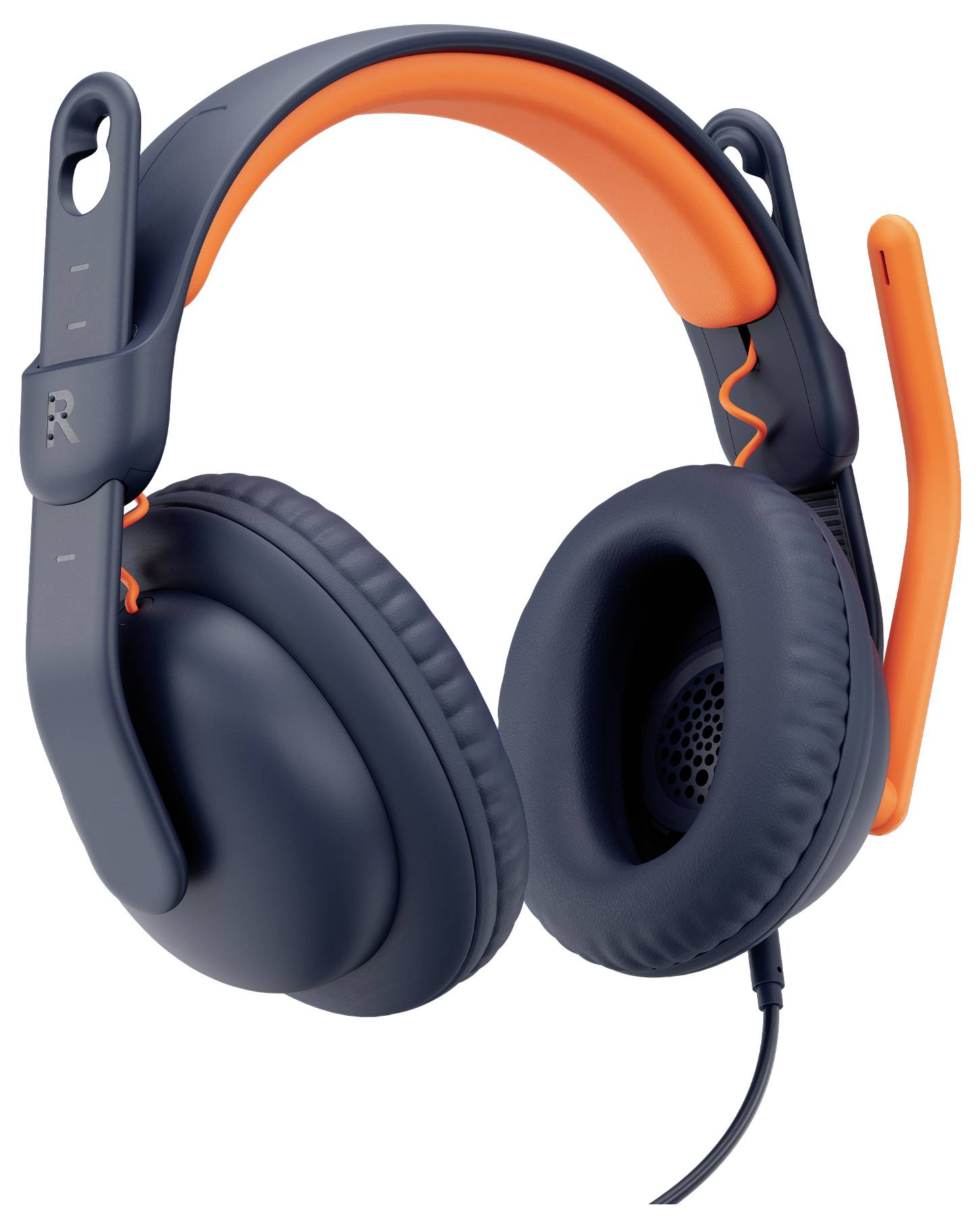 Zwart en oranje over-ear bedrade gaming headset met gevoerde hoofdband, microfoonboom en links/rechts oorschelpen op witte achtergrond.