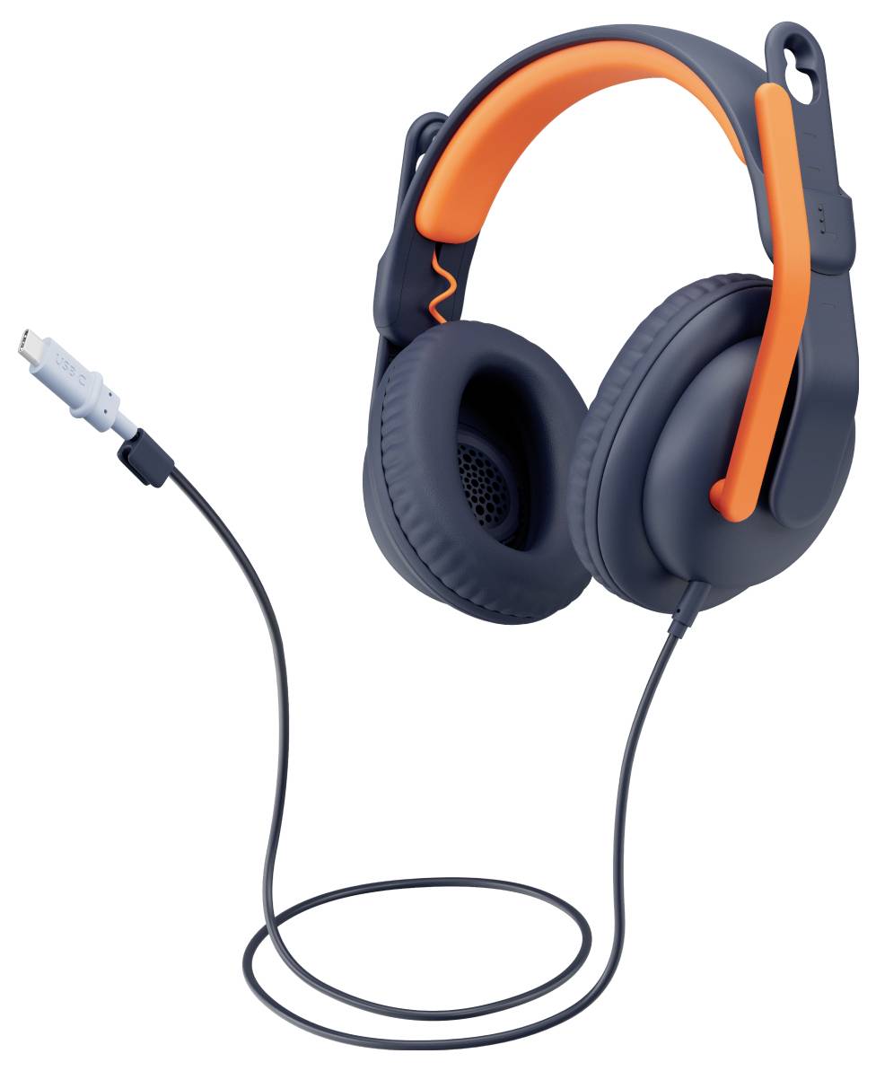 Bedraad over-ear koptelefoon met oranje hoofdbandkussentje en afneembare kabel, weergegeven op een witte achtergrond.