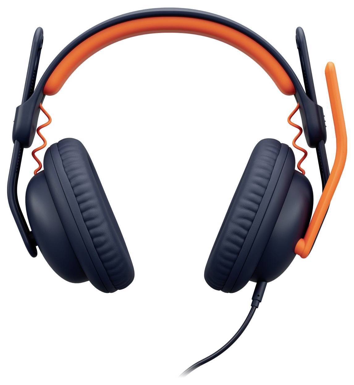 Zwarte over-ear gaming headset met oranje hoofdband en boommicrofoon op een witte achtergrond.