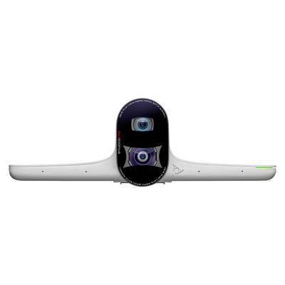 Vooraanzicht van een witte videoconferentiecamera met twee lenzen in een zwarte centrale behuizing op een gebogen staafbevestiging.