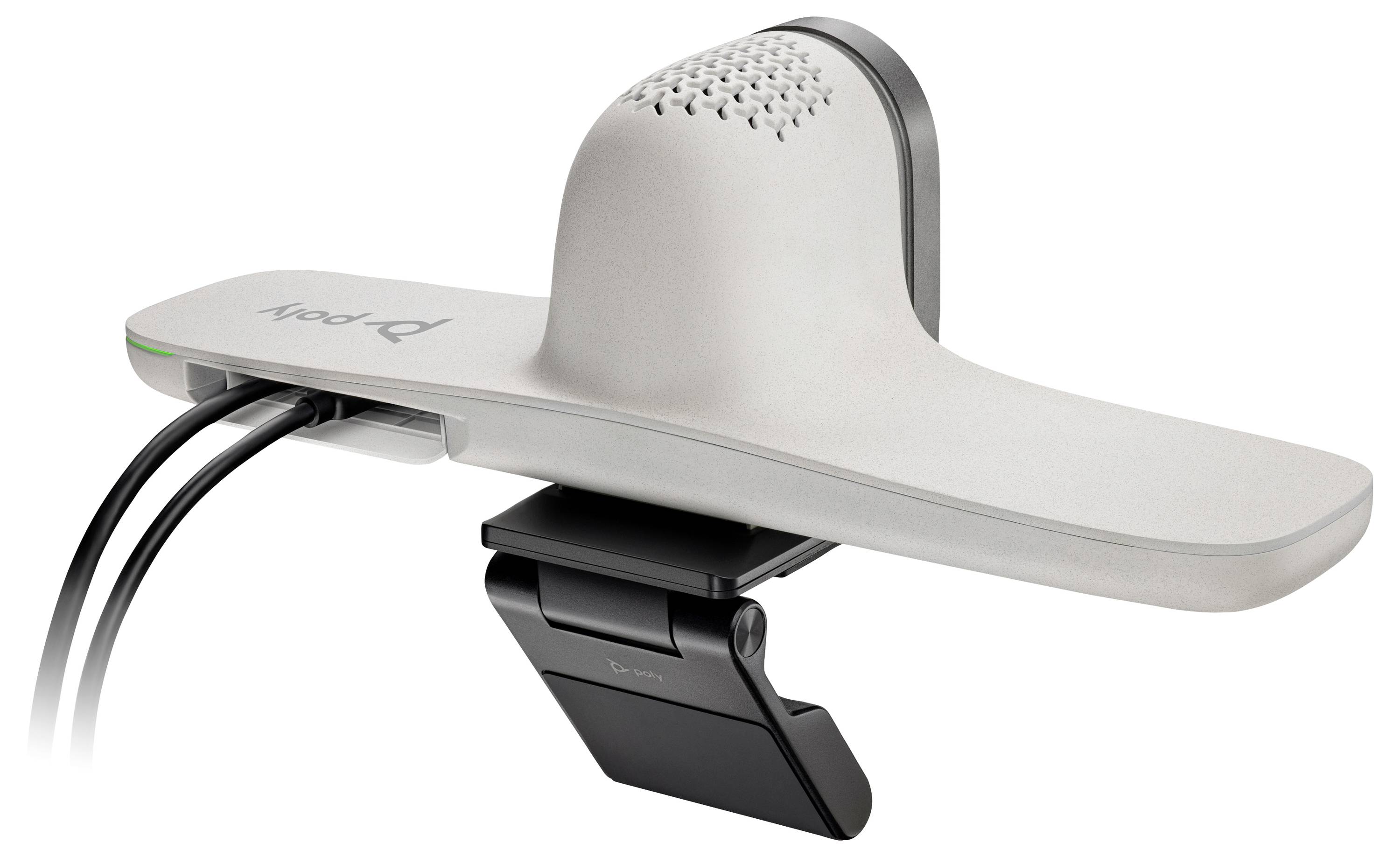 Nahaufnahme van een zilveren ergonomisch bureaubevestigd apparaat met een centraal verheven sensor en zwarte klemvoet, weergegeven met aangesloten kabels.