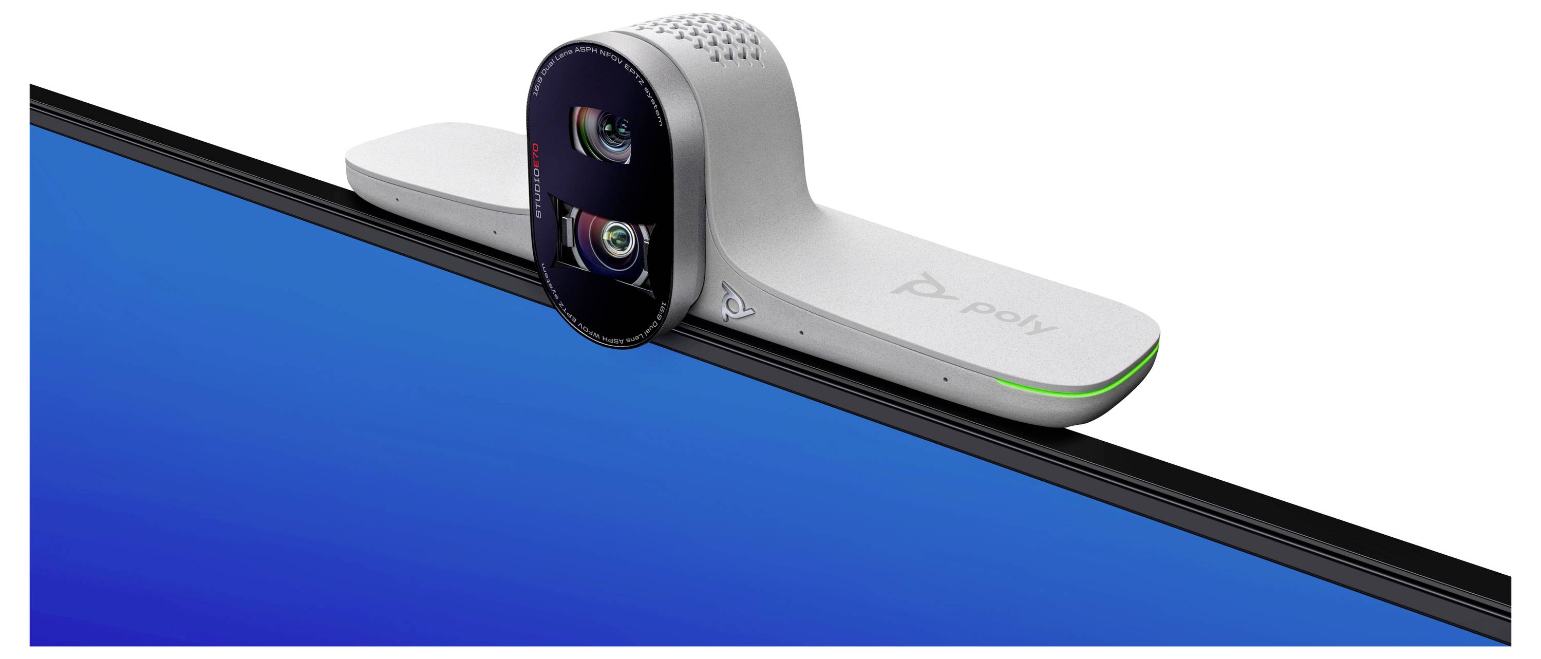 Poly Studio P5-webcam gemonteerd bovenop een monitor, getoond in profielweergave met dubbele lenzen en een zwart schermranden tegen een blauwe achtergrond.