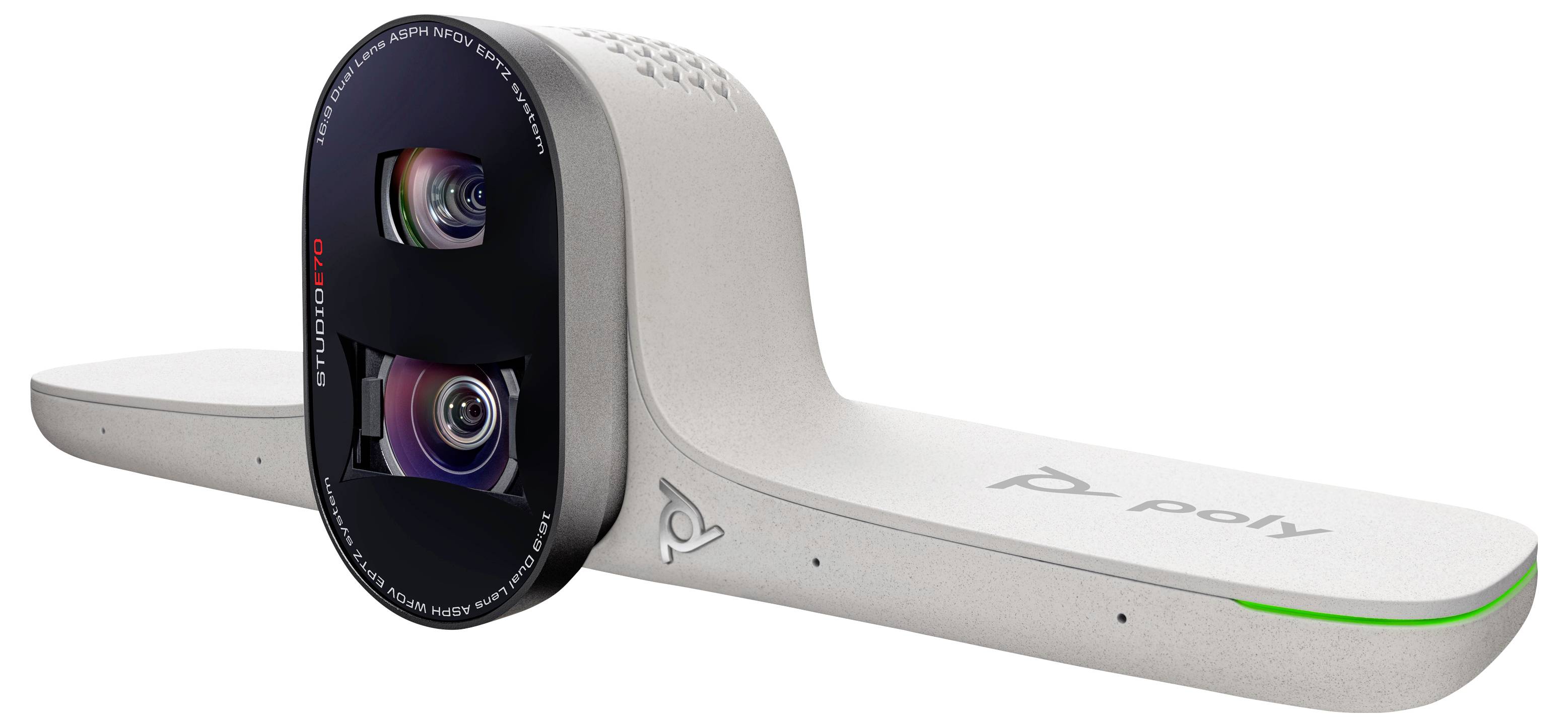 Zijaanzicht illustratie van een Poly conferentiekamer camera en speakerbar op een witte achtergrond, met dubbele lenzen en een groen statuslampje.