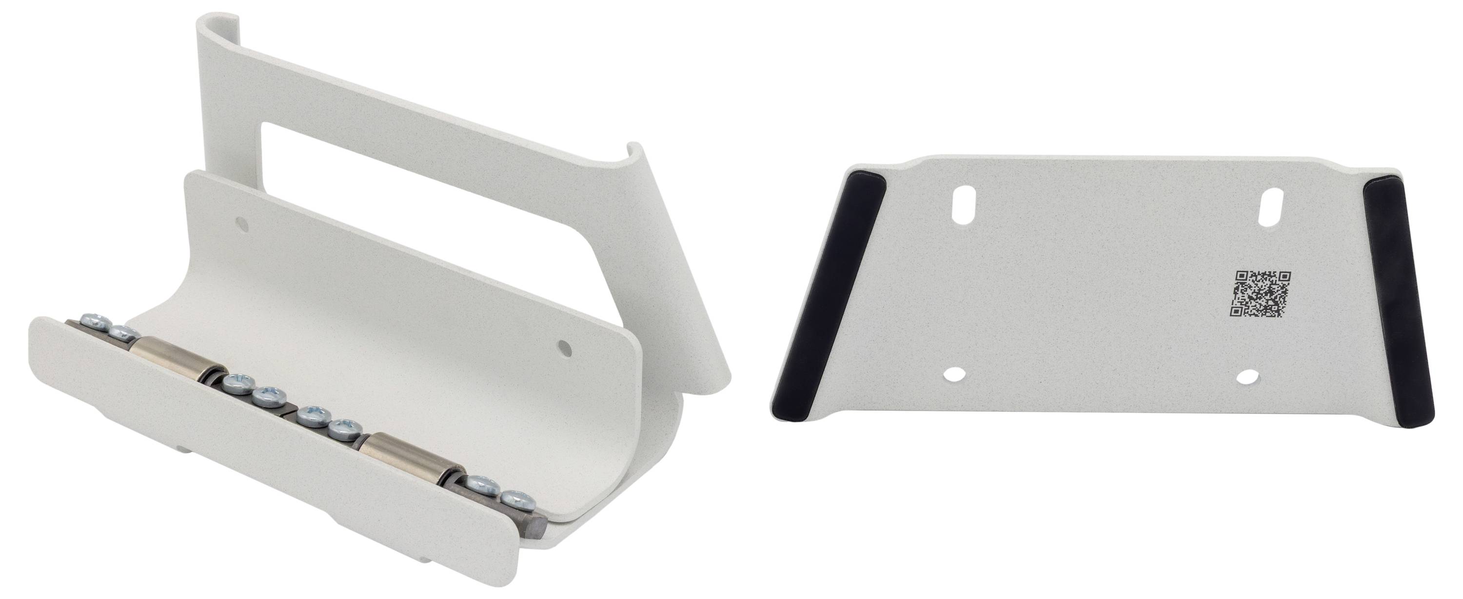 Witte aan de muur gemonteerde rekbracket of planksteun weergegeven in twee aanzichten, met een rij gemonteerde bevestigingsmiddelen en zwarte eindkappen.
