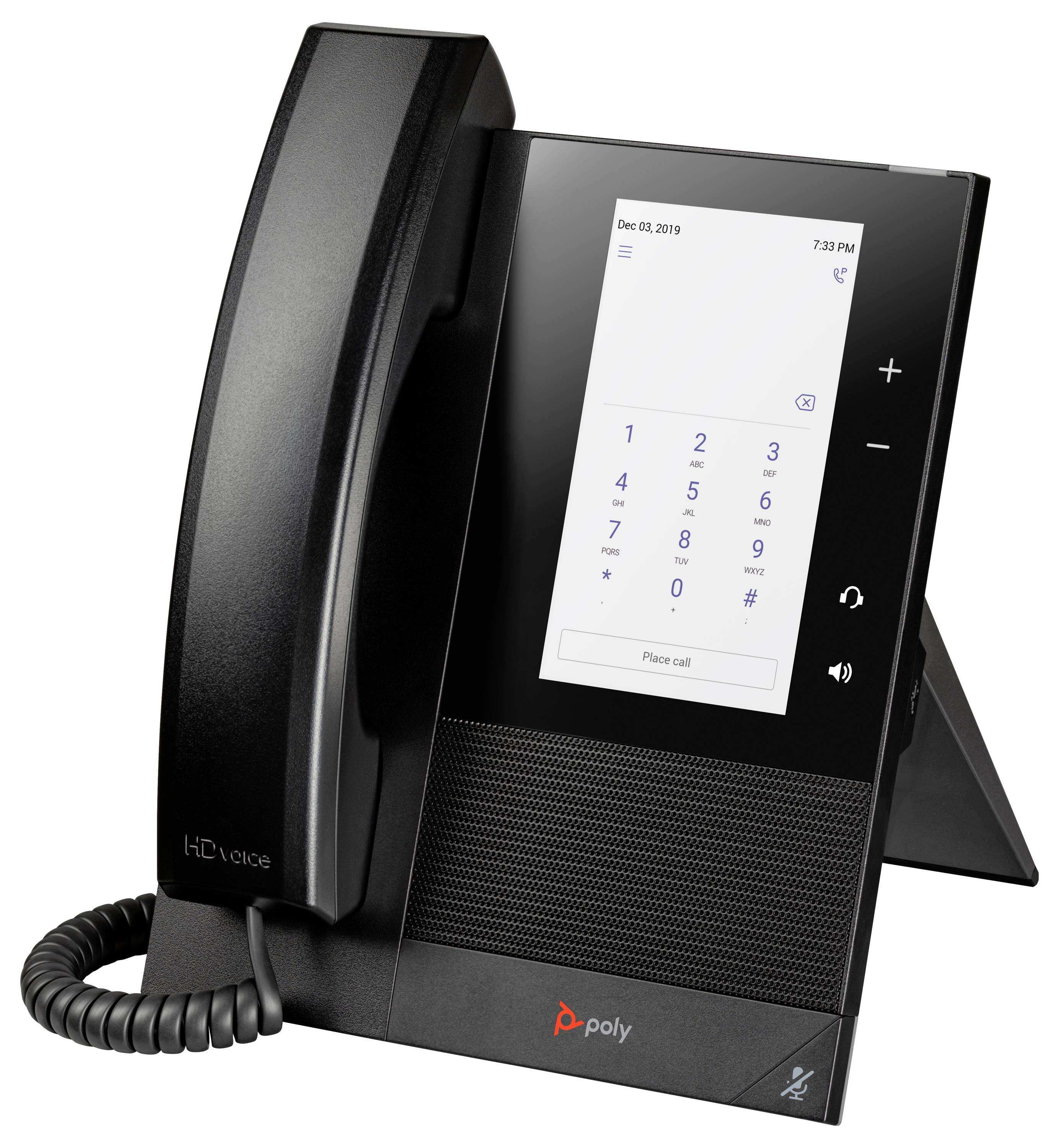 Zwart polyester bureautelefoon met aanraakscherm nummertoetsen, hoorn, luidsprekergaas en volume-/oproepbedieningselementen weergegeven op een standaard.