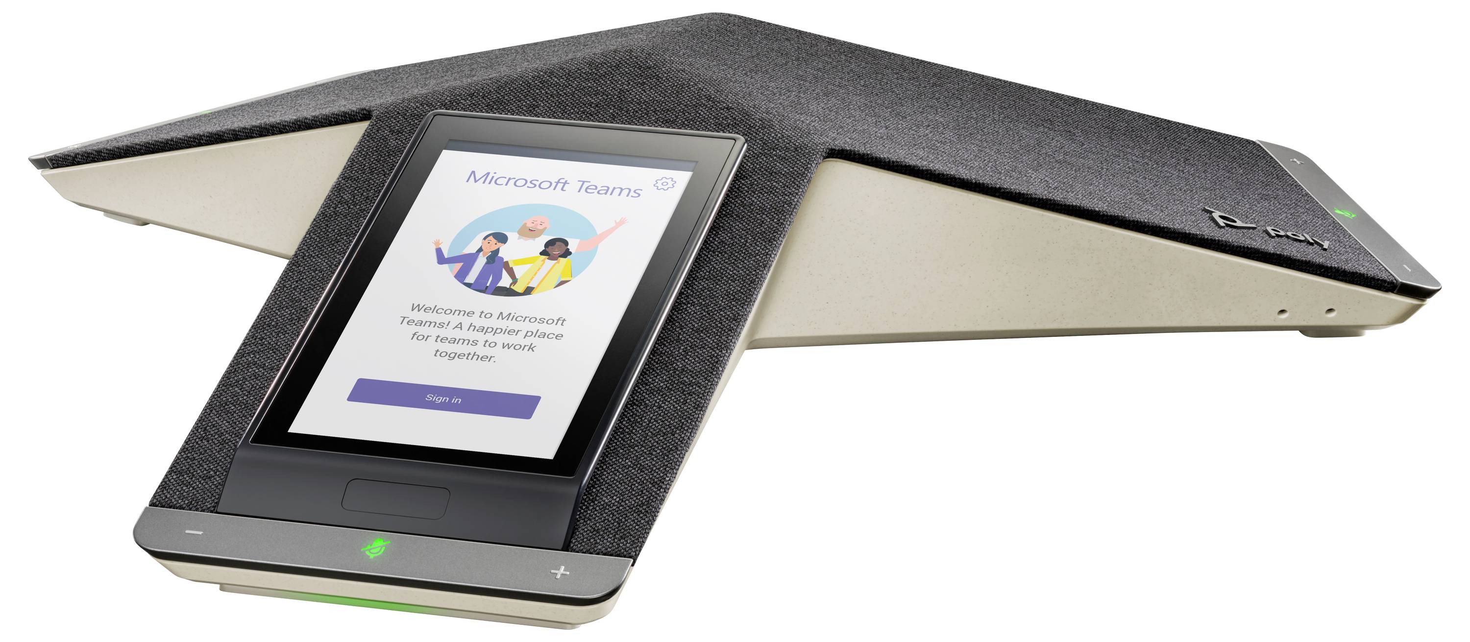 Microsoft Teams-vergaderruimteapparaat met touchscreen dat een welkomstscherm en aanmeldingsknop toont, in een donker wigvormig luidsprekerunit.