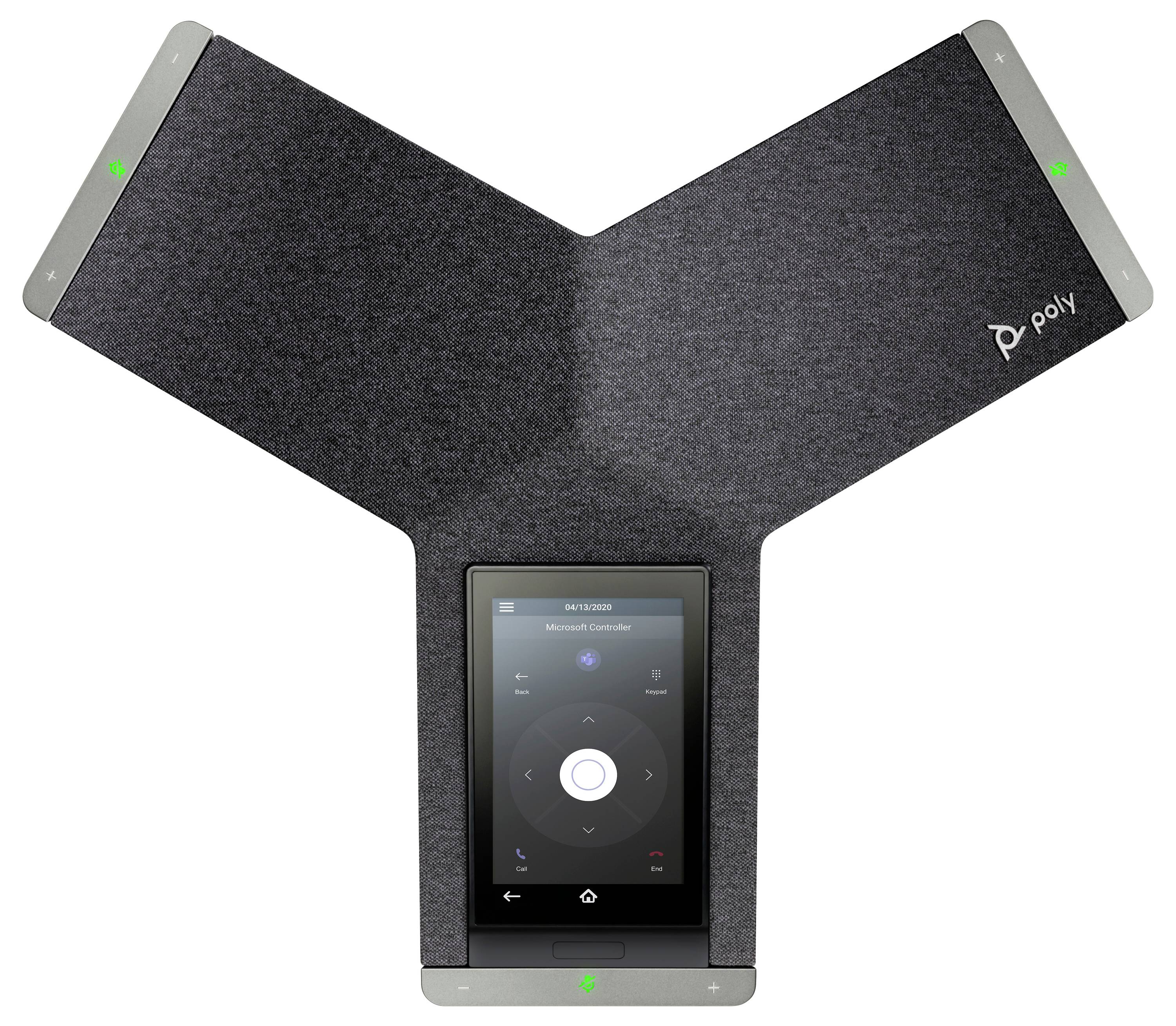 Poly-conferentietelefoon met drie armen, centraal aanraakscherm en ingebouwde microfoonarray op een witte achtergrond.