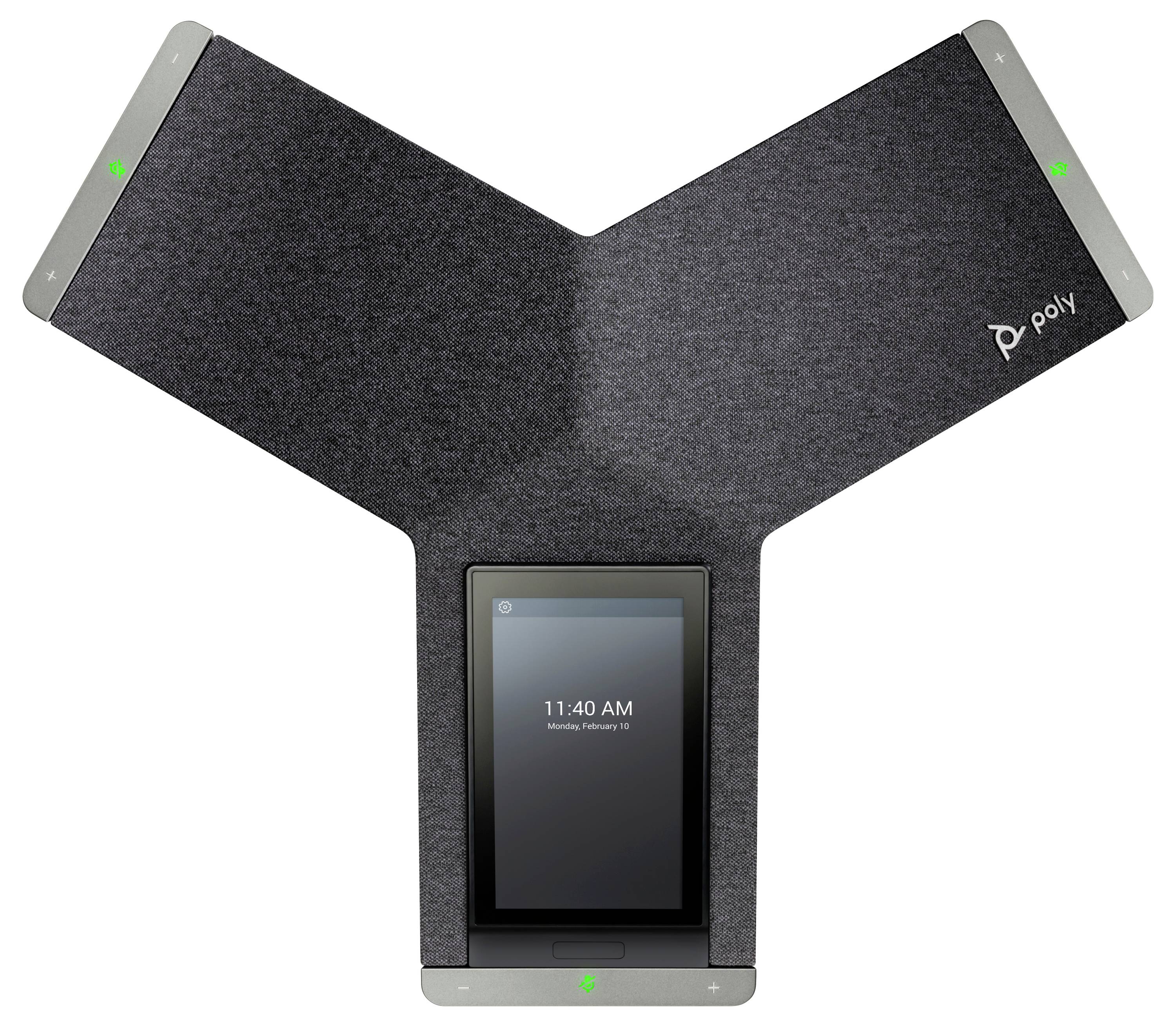 Poly conferentieruimte speakerphone met drie stofbeklede armen en een klein centraal touchscreen met 11:40 uur.