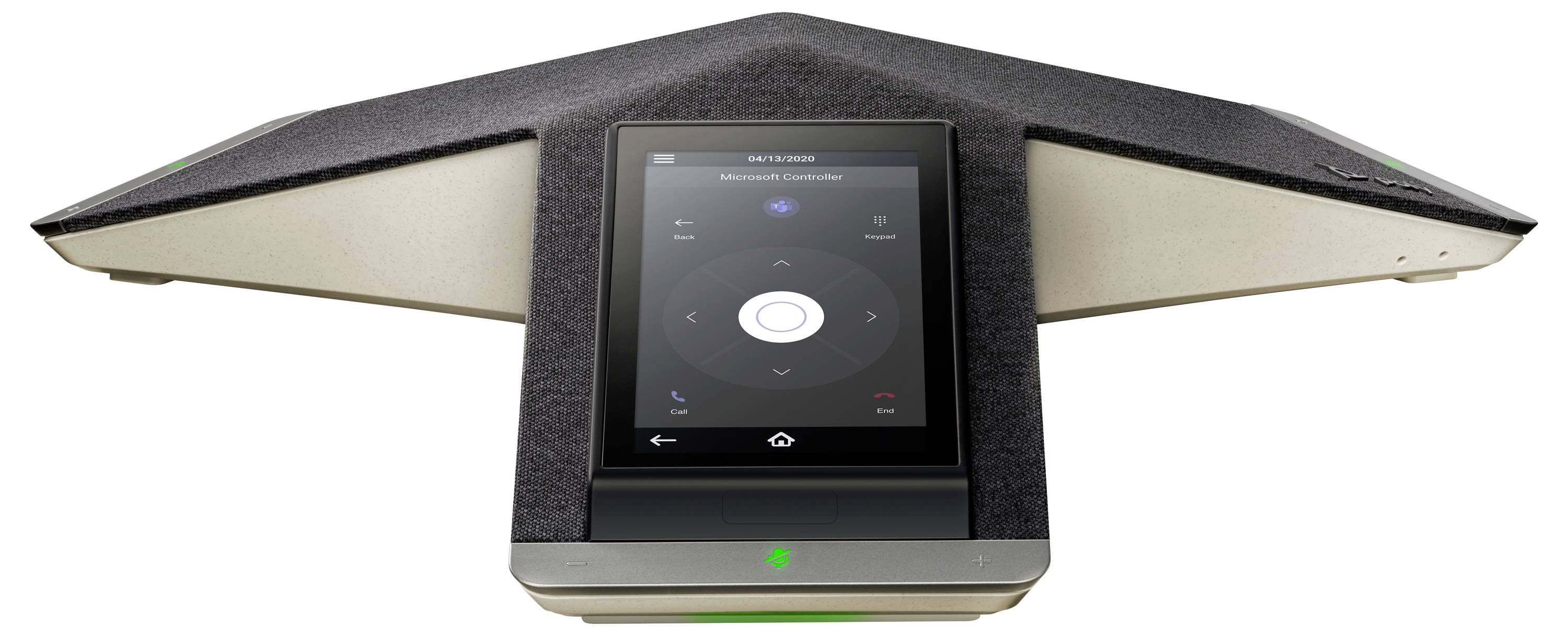 Conferentieruimte-speakerphone met een aanraakscherm bedieningspaneel en cirkelvormige oproepbedieningen in het midden.