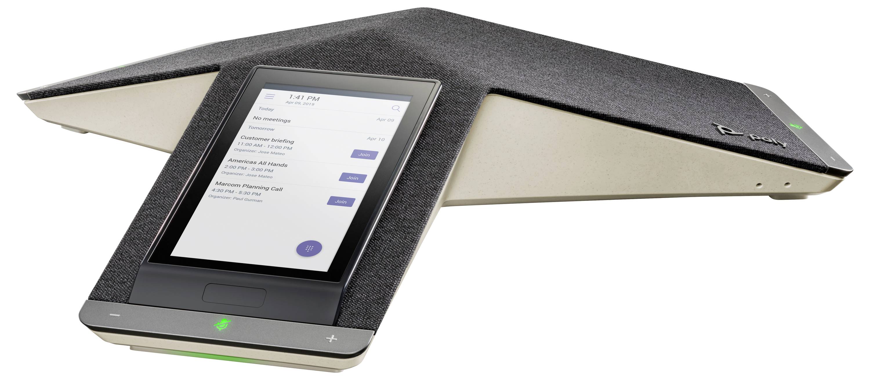 Hoek van twee gekoppelde touchscreen-tablets in een wigvormige videoconferentie-eenheid, met een instellingenmenu op het frontdisplay.