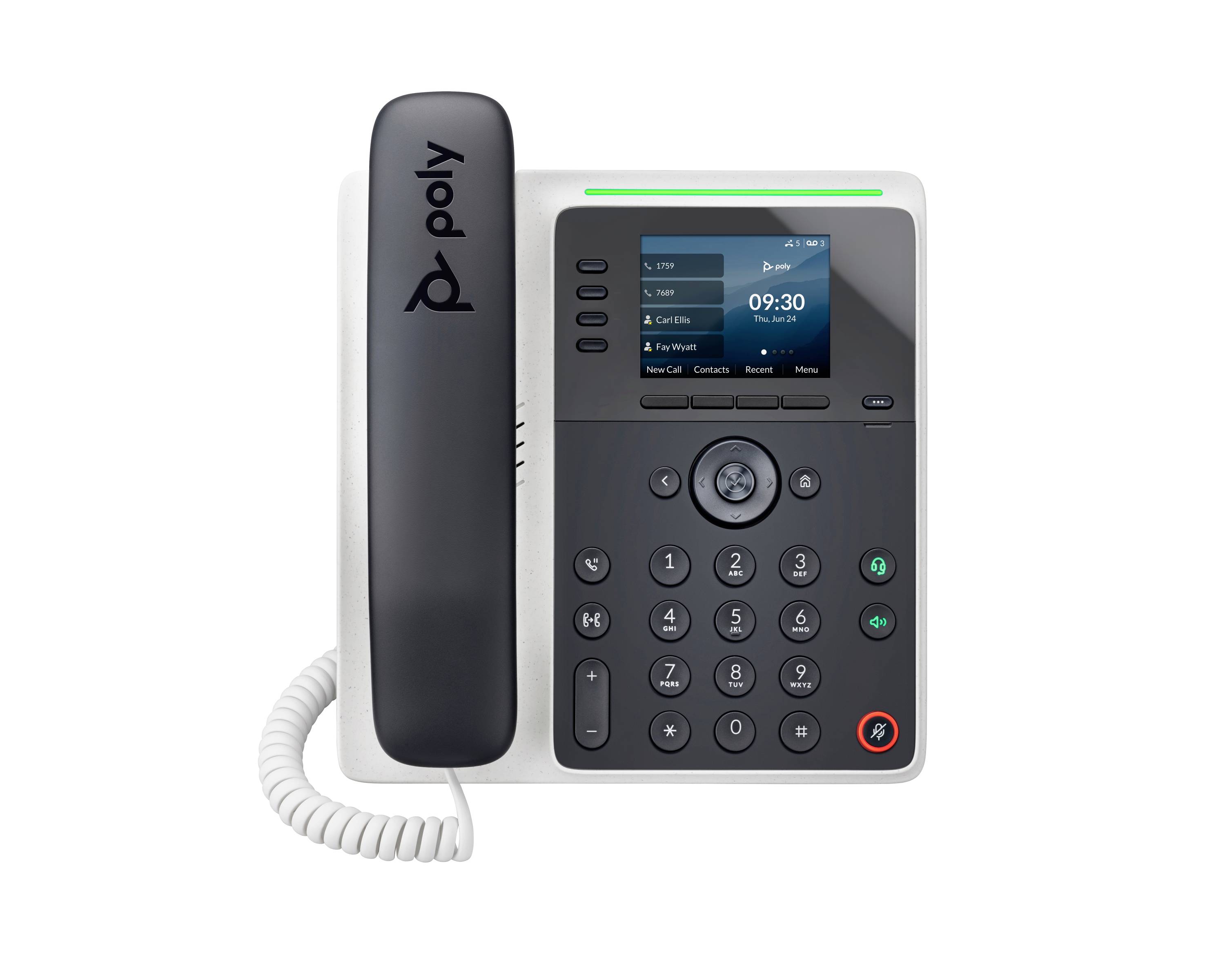 Polycom kantoorbureautelefoon met handset, kleurendisplay met tijd 09:30, navigatiepad en nummertoetsen op een witte achtergrond.