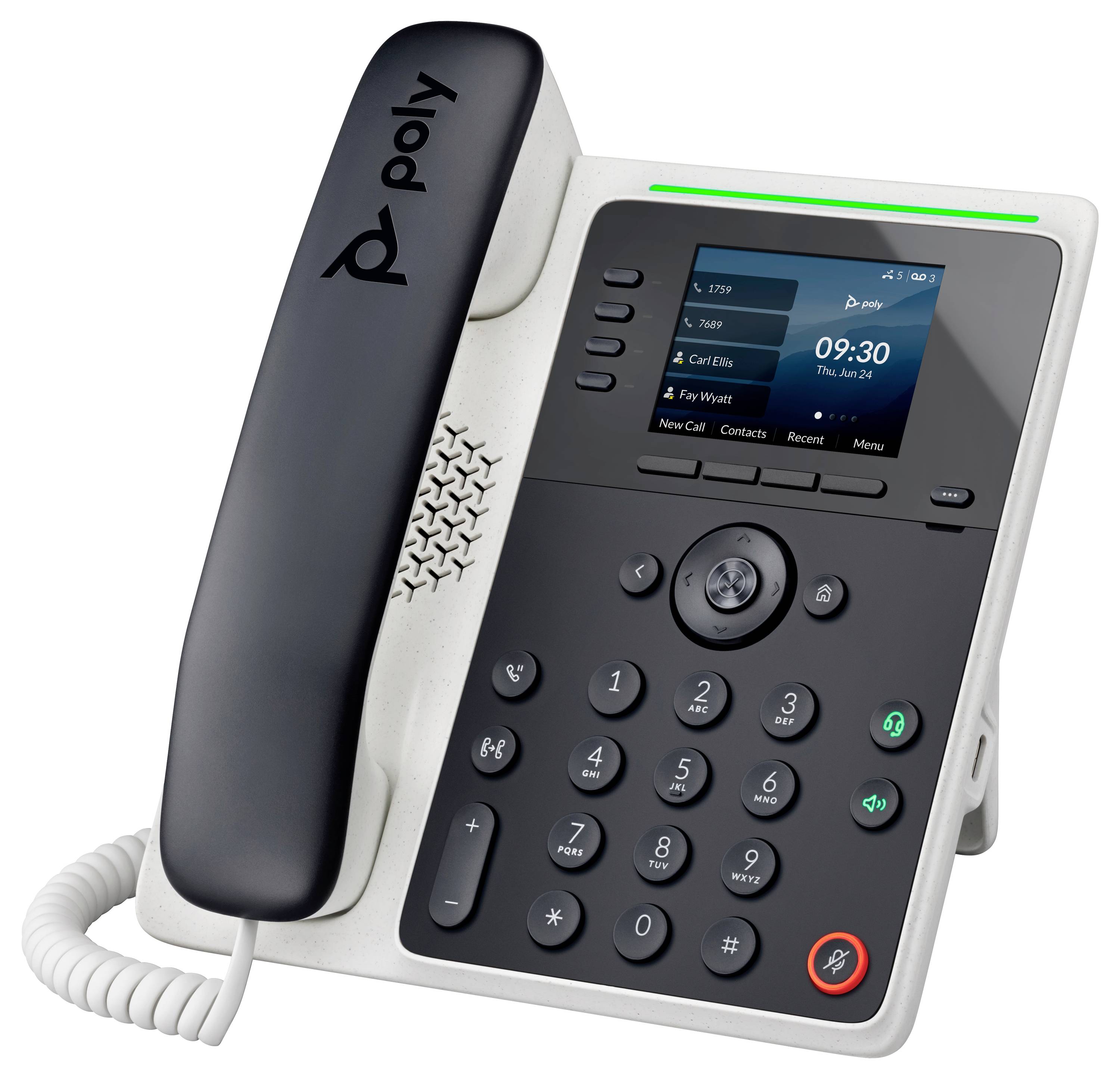 Poly kantoorbureautelefoon met handset op houder, display met weergave 09:30 en toetsenbord met spreker- en stille-schakelaars