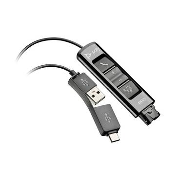 USB-C bedrade headset-controller met bel-, volume omhoog/omlaag- en muteknopen, weergegeven naast een USB-A naar USB-C adapterkabel.