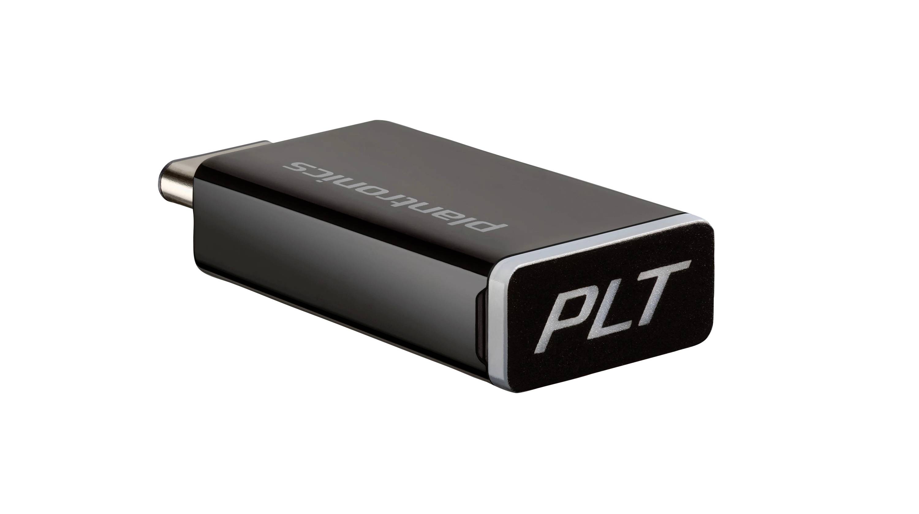 Zwarte Plantronics USB-dongleadapter met het label 'PLT' op een witte achtergrond.