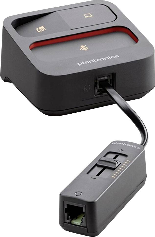 Plantronics oplaadstation met een afneembare inline bedieningsmodule verbonden via kabel, met weergave van bel- en dempen-knoppen.