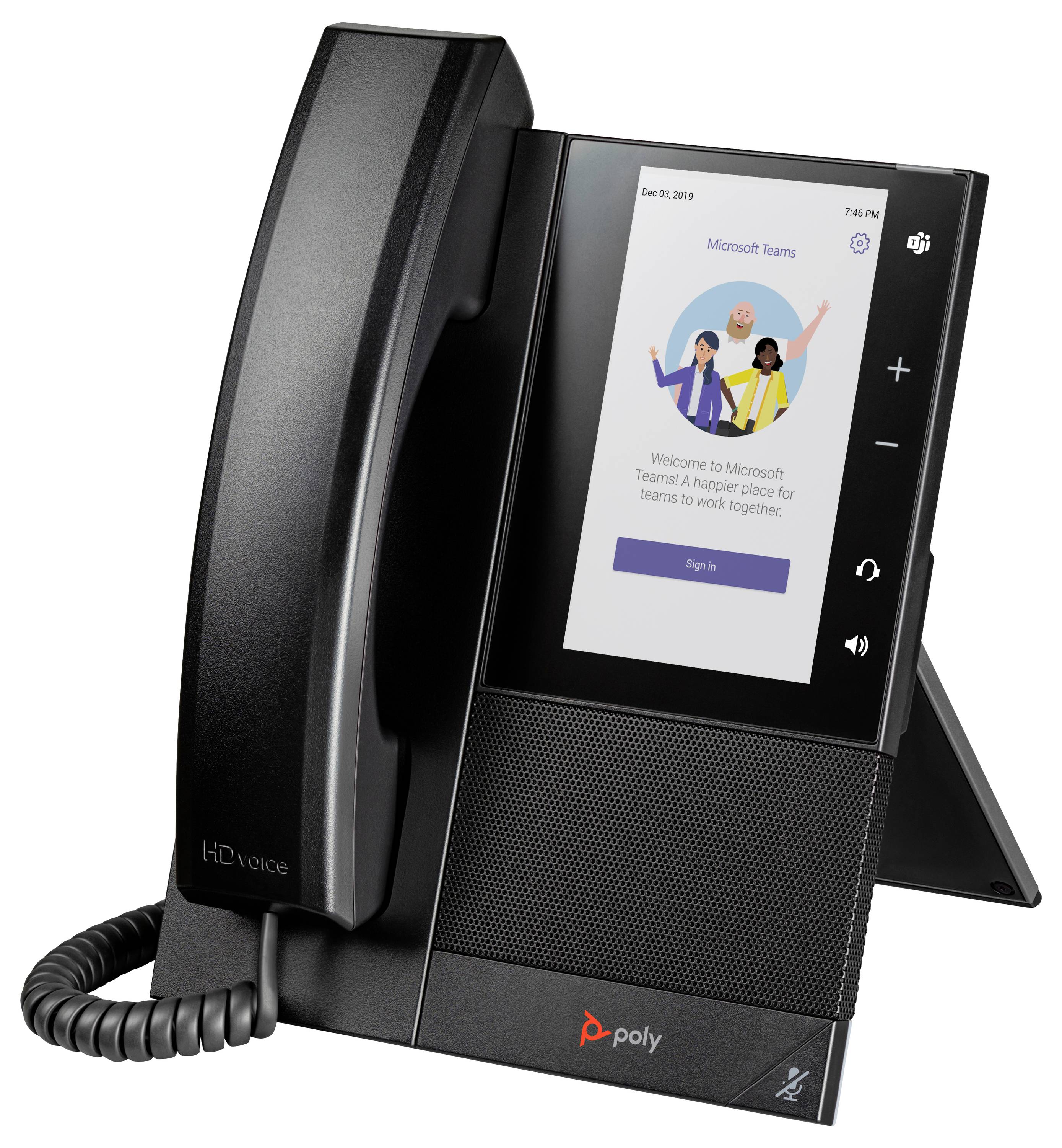 Poly bureautelefoon met het welkomstscherm van Microsoft Teams, met de hoorn op de standaard en de aanmeldknop op het scherm.