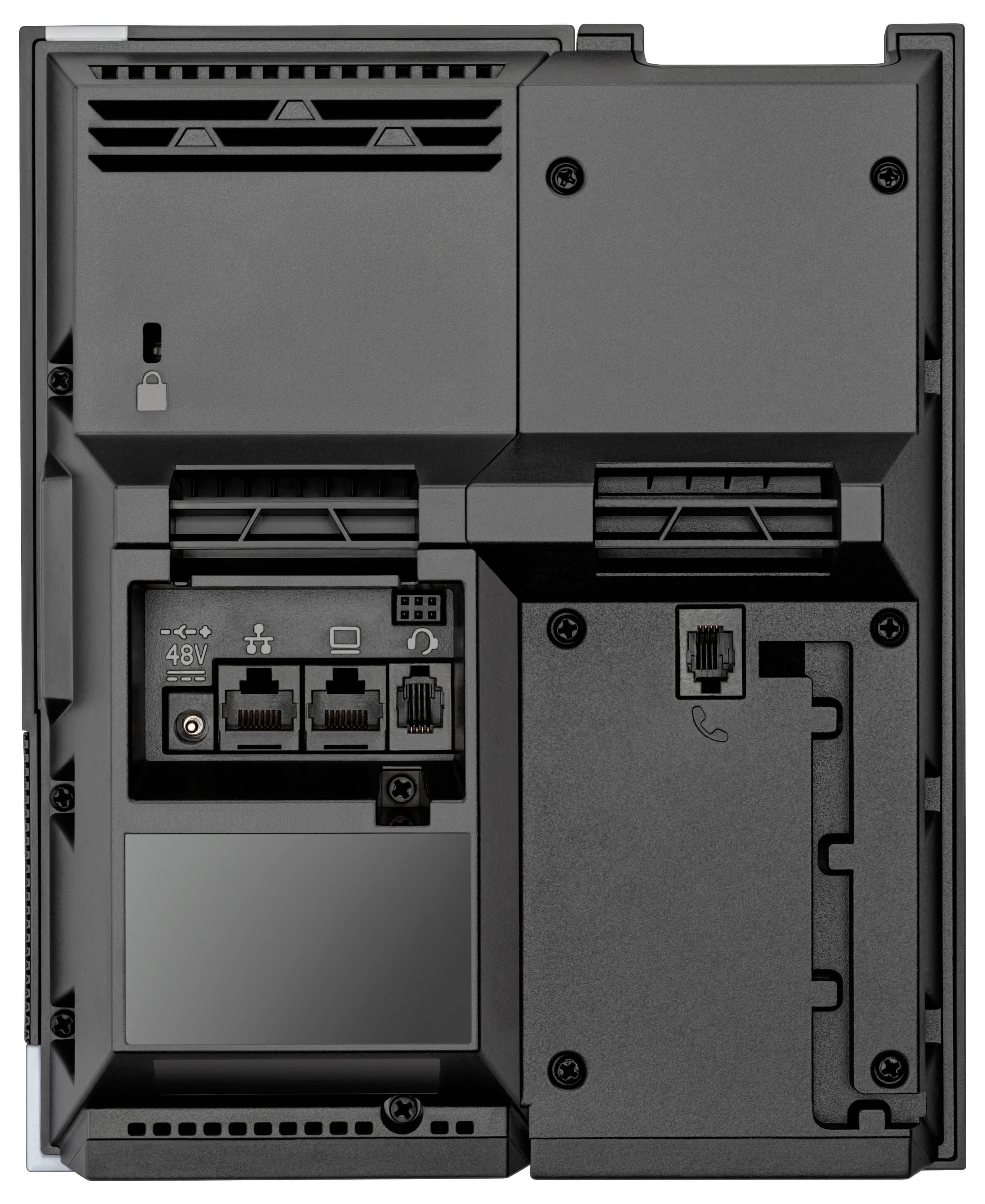 Achterzijde van een aan de muur gemonteerde telefoon-/intercomunit met zichtbare bedradingspoorten, connectoren en toegangspanelen voor installatie en onderhoud.