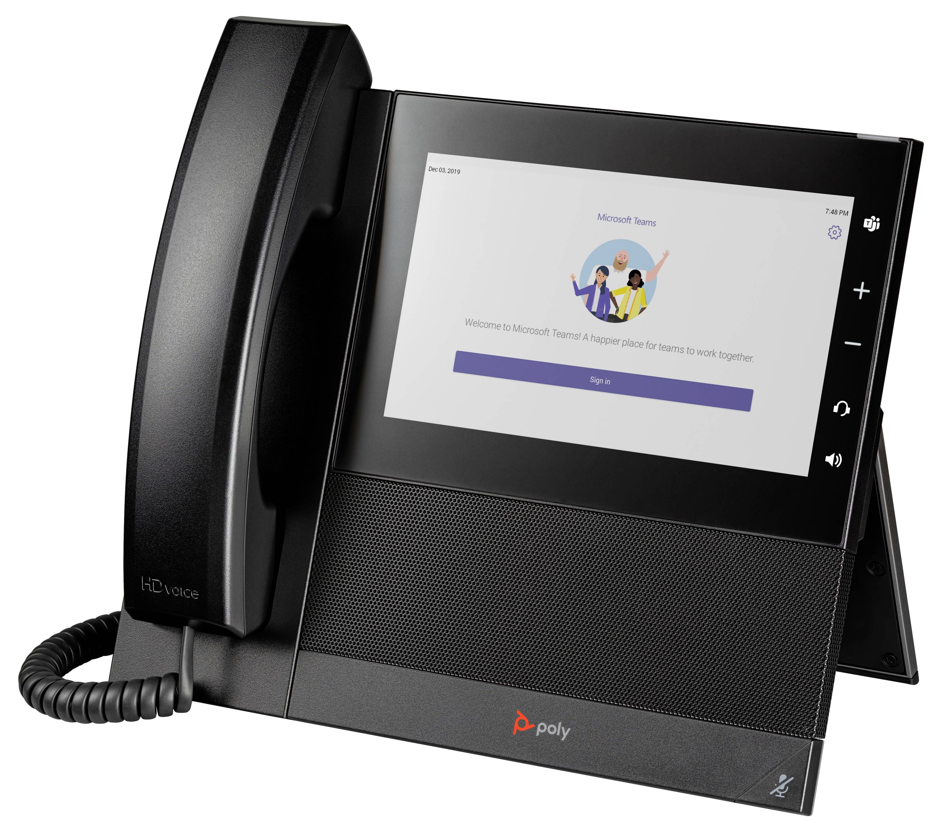 Poly Microsoft Teams bureau telefoon met touchscreen met het Teams welkomstscherm en een knop 'Aanmelden'.