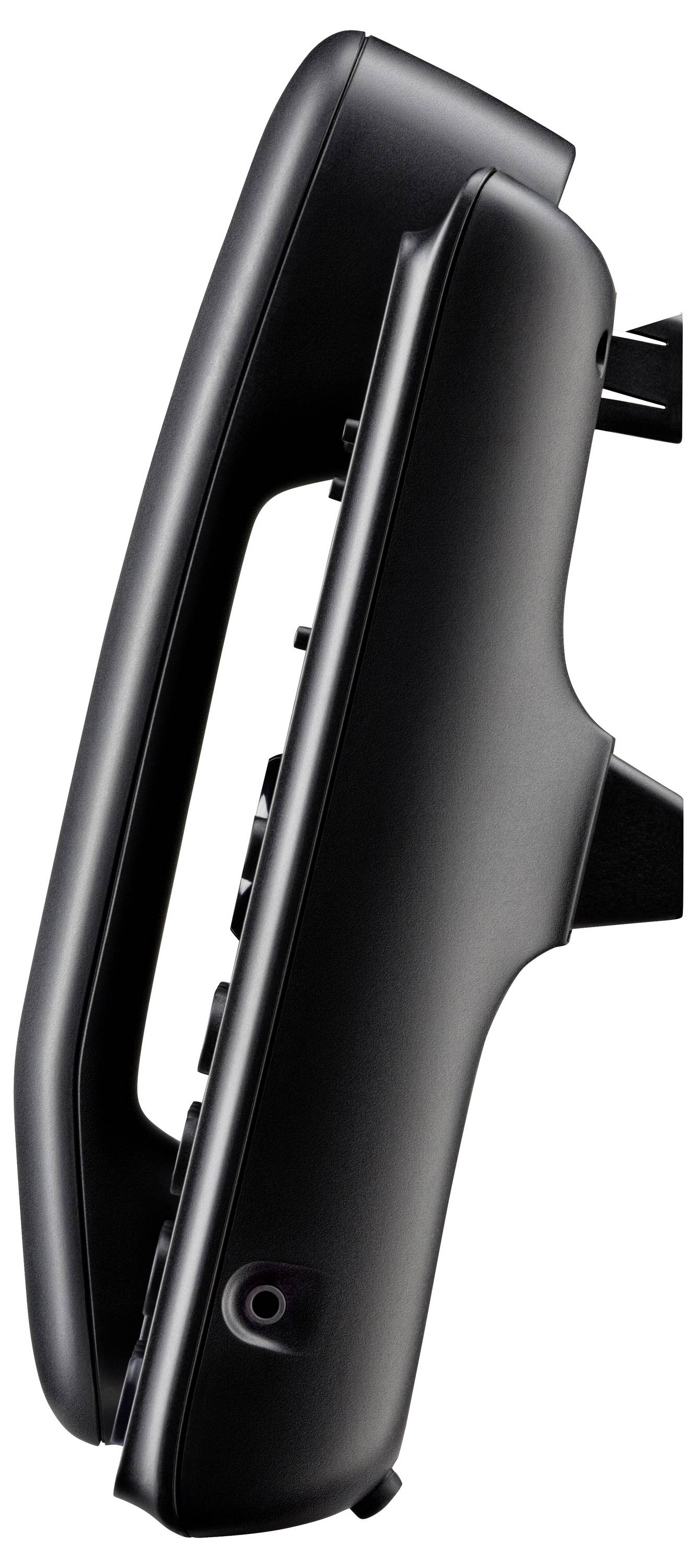 Zwarte aan de muur gemonteerde oplaaddock met een sleuf en connector voor een handheld apparaat, weergegeven in zijaanzicht op een witte achtergrond