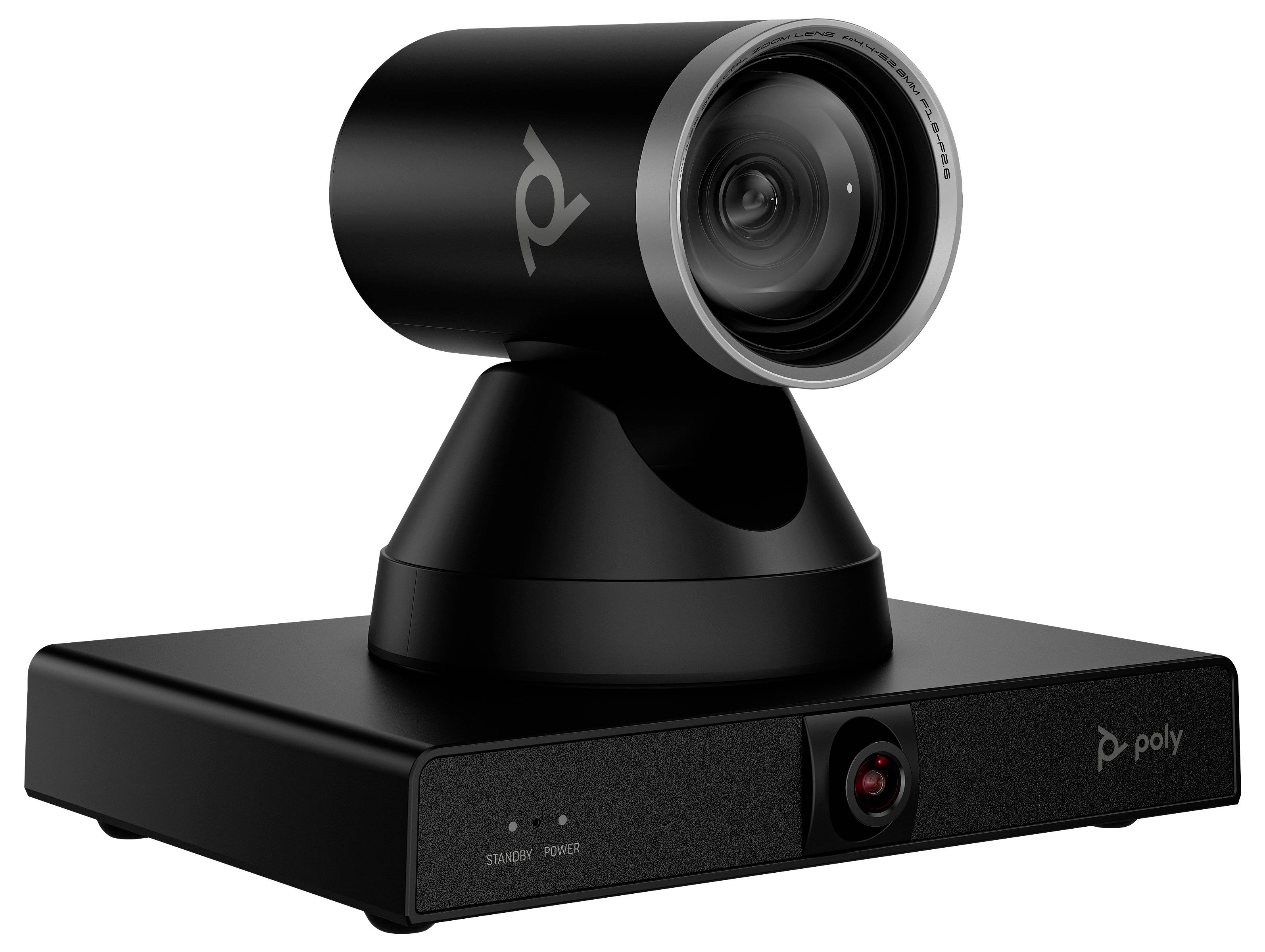 Poly-videoconferentiesysteem met een gemonteerde camera op een zwarte basisunit tegen een witte achtergrond.