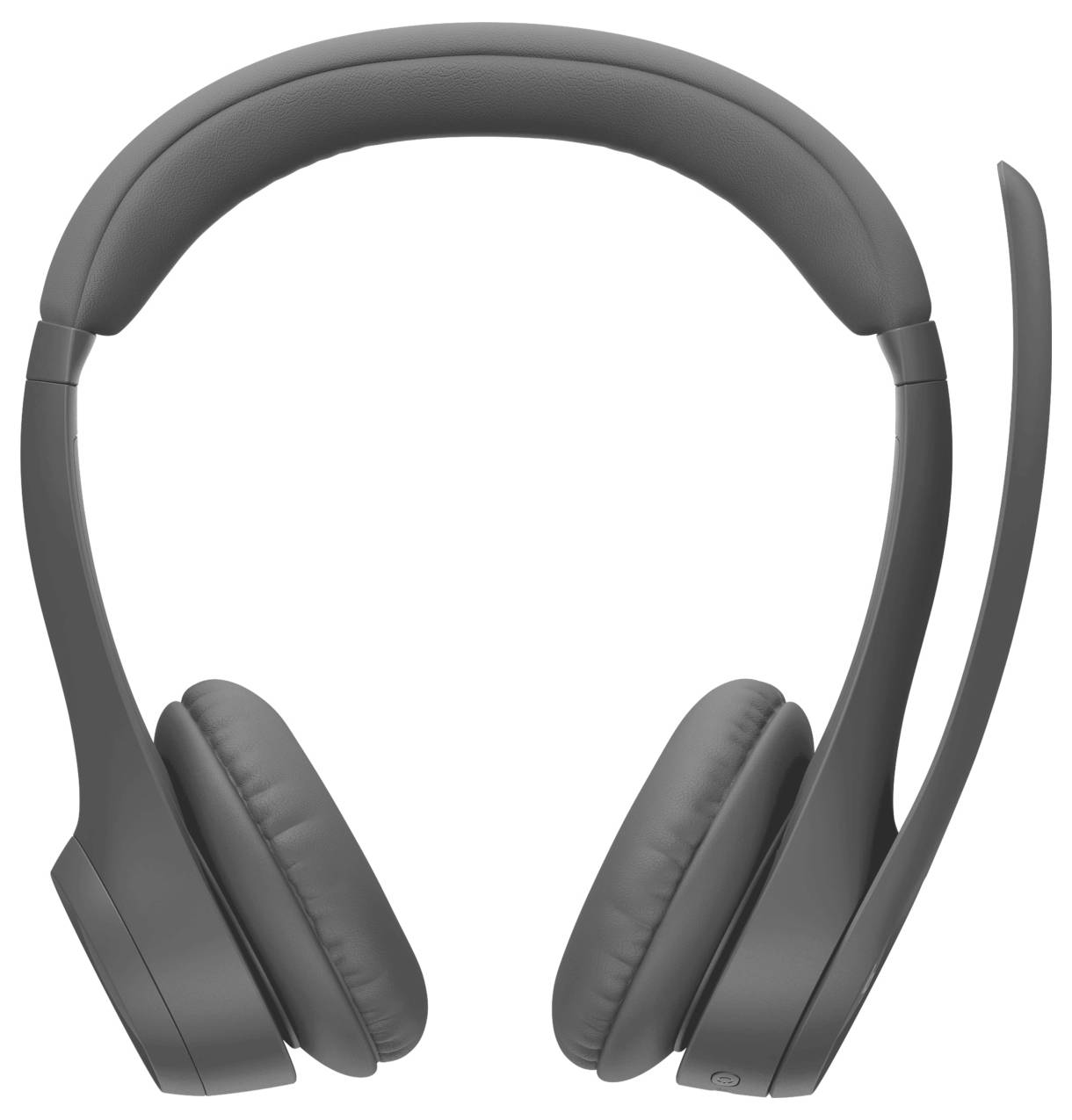 Grijze over-ear koptelefoon met ingebouwde microfoonboom, weergegeven op een witte achtergrond.