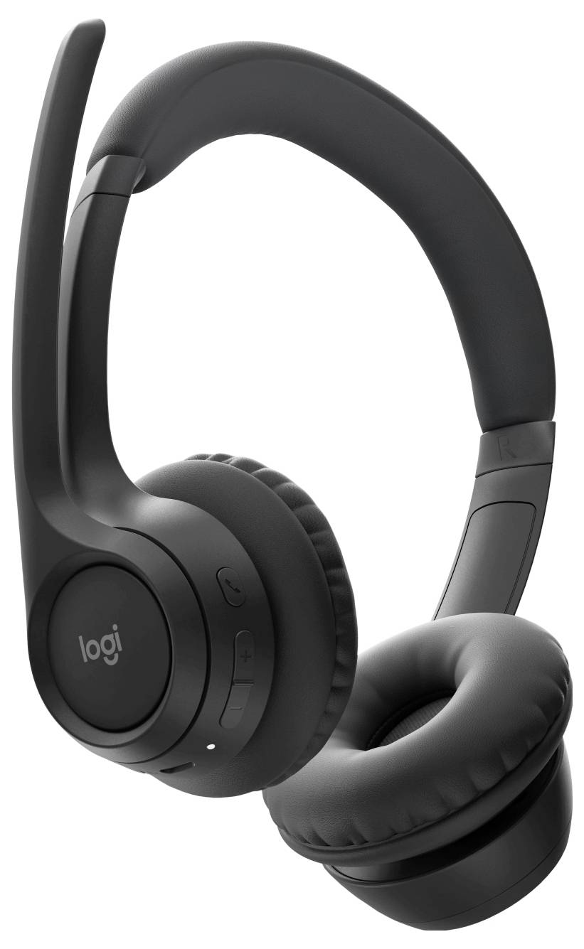 Zwarte over-ear draadloze koptelefoon met boomarmpje en microfoon, weergegeven op een witte achtergrond.