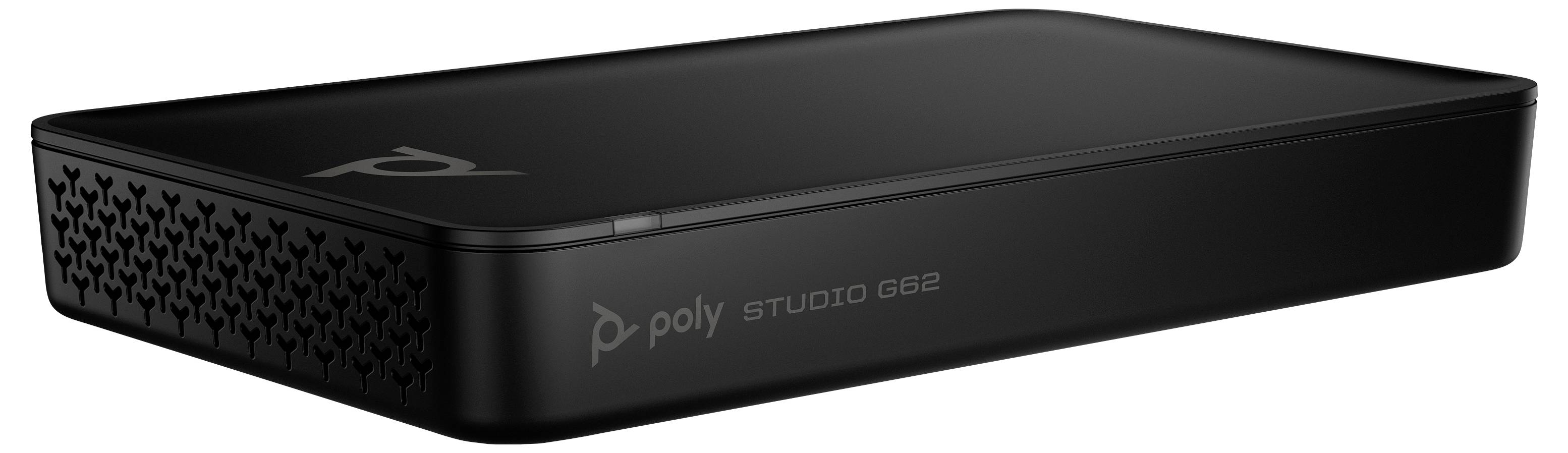 Zwart Poly Studio G62 videoconferentieapparaat getoond in drie-kwart aanzicht op een witte achtergrond.