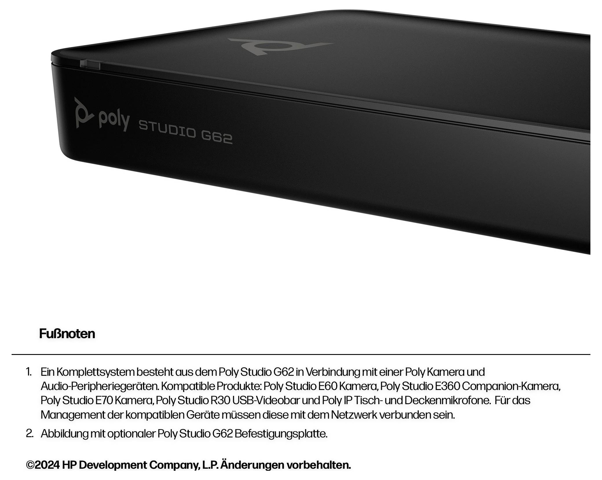 Black Poly Studio G62 conferencing system device shown with German footnotes below about compatible Poly cameras and audio peripherals.