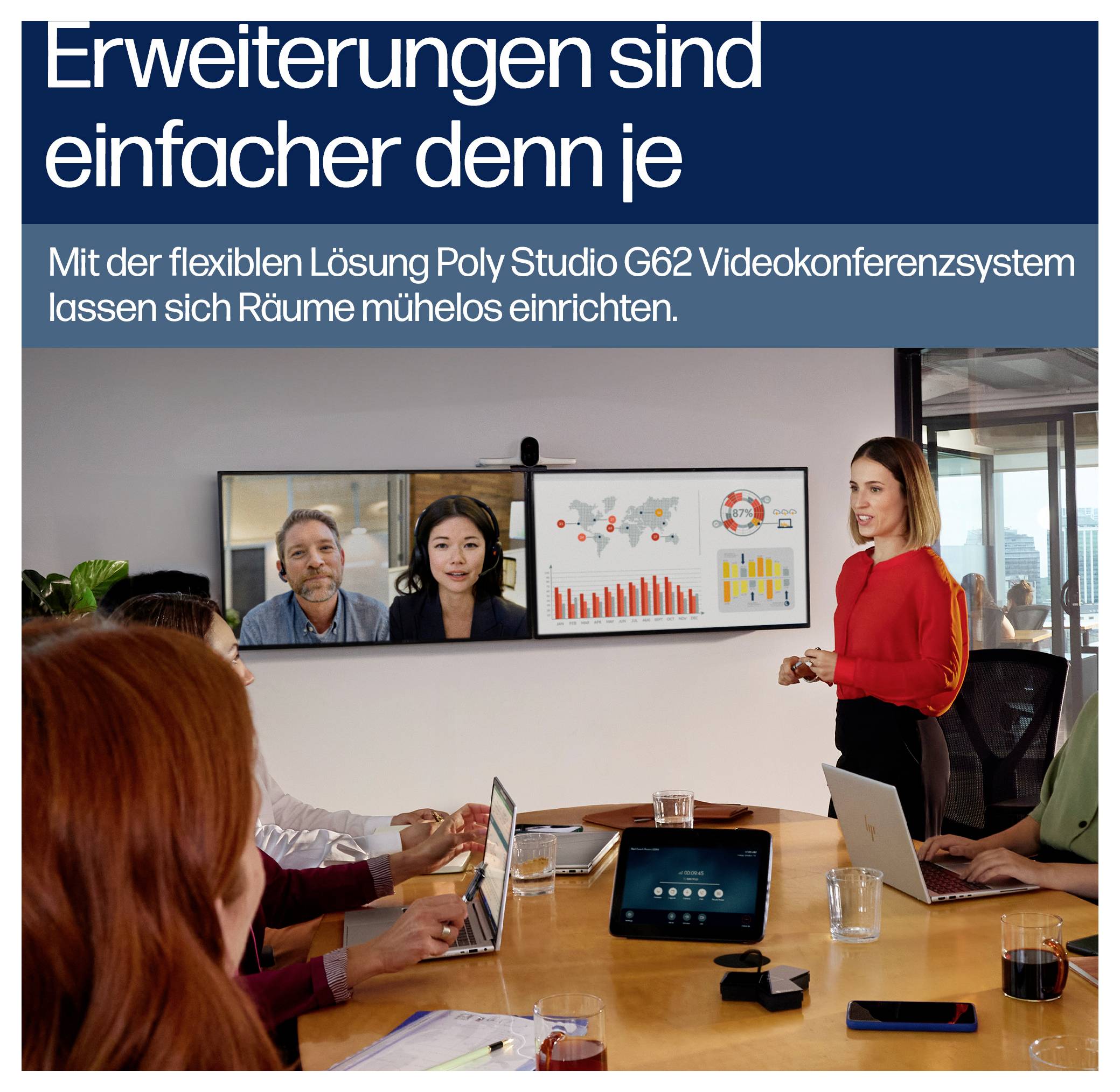 Vergaderruimte met een videoconferentiedisplay waarop twee externe deelnemers en grafieken te zien zijn, terwijl een presentator in het rood zich tot de groep richt.