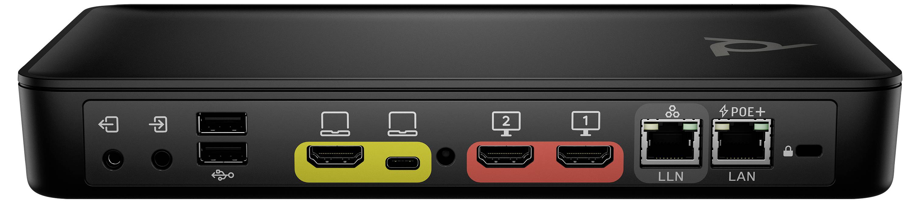 Vooraanzicht van een zwarte PoE+ netwerkschakelaar met 4 Ethernet-poorten, 2 HDMI-poorten, USB-poorten en stroomverbindingen op het frontpaneel.