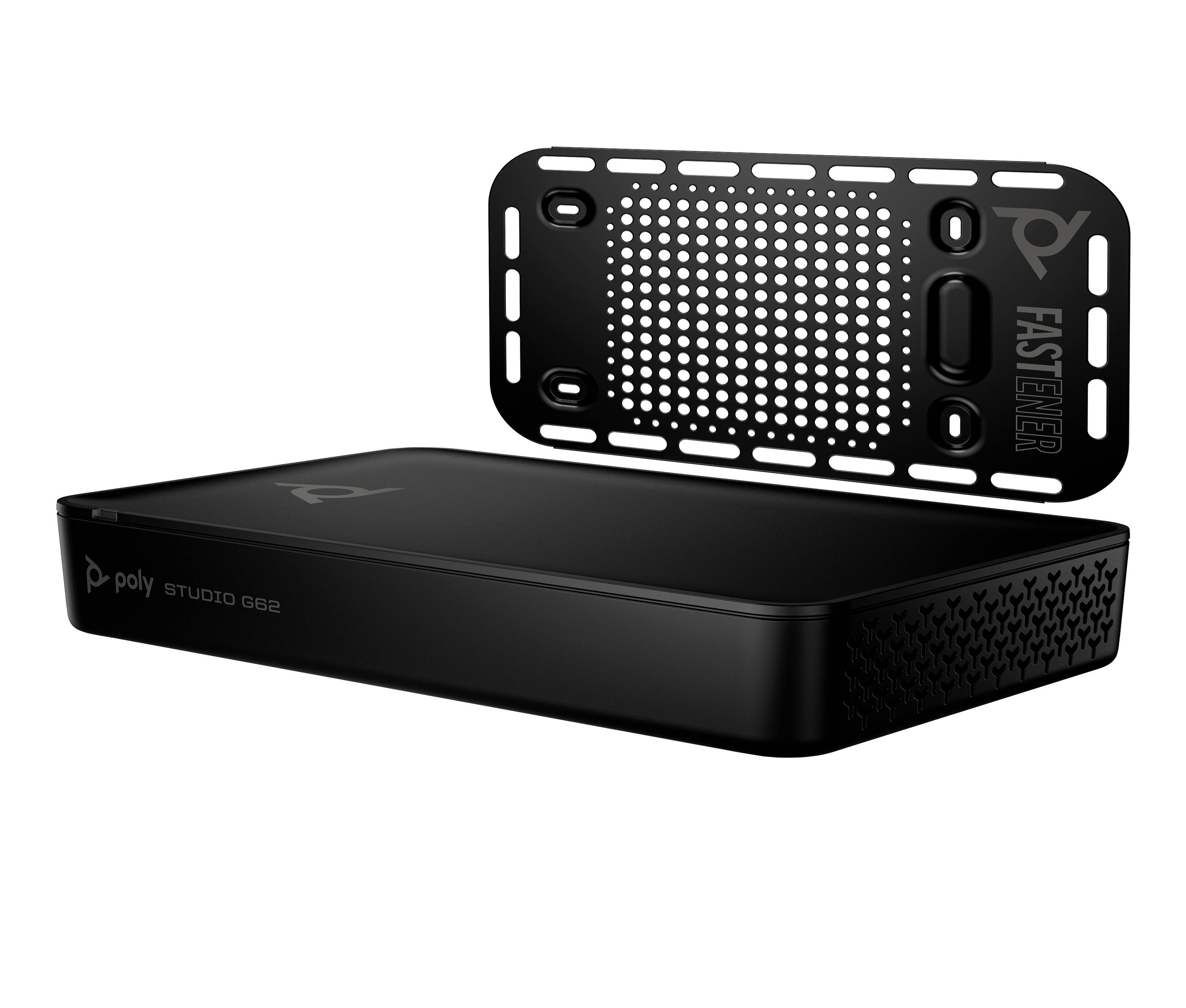 Zwart Poly Studio G62-apparaat met een geperforeerde montagebeutel erbovenop weergegeven op een witte achtergrond.