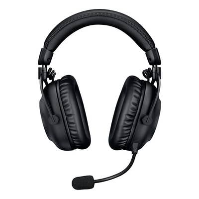 Zwart over-ear koptelefoon met gevoerde hoofdband, bevestigde boommicrofoon, getoond op een witte achtergrond.