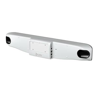 Witte Poly conferentieruimte-luidspreker met ingebouwde microfoons en centraal bedieningspaneel, weergegeven op een witte achtergrond.