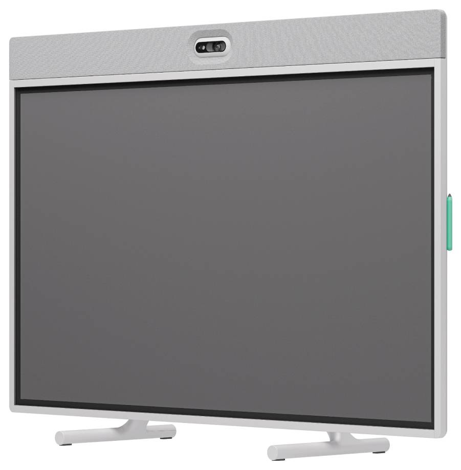 Flatscreen televisie met een leeg donker scherm, zilveren rand en ingebouwde camera gecentreerd bovenop.