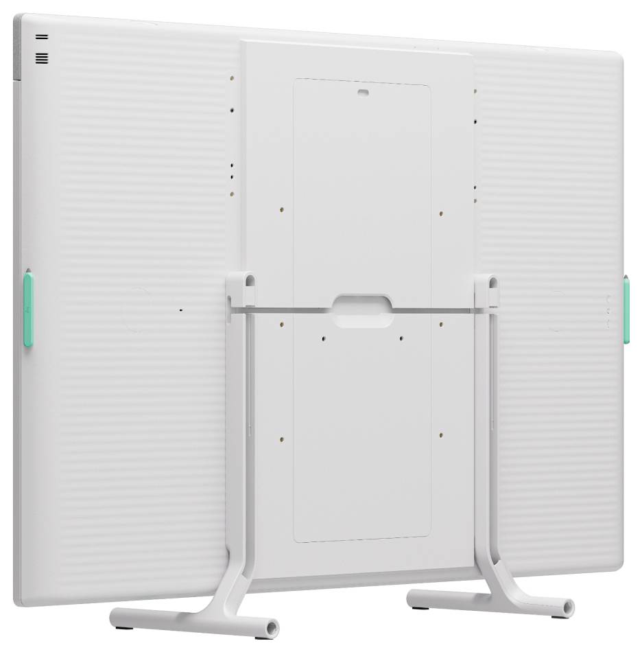 Achteraanzicht van een groot flatscreen-display op een standaard, met de achterpaneel, ventilatie en kabelhouders zichtbaar.