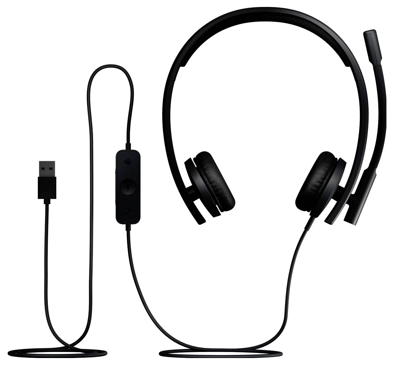 Zwarte USB-bedraade headset met boomheadset-microfoon en inline-regeling, weergegeven met kabel en USB-aansluiting op een witte achtergrond.