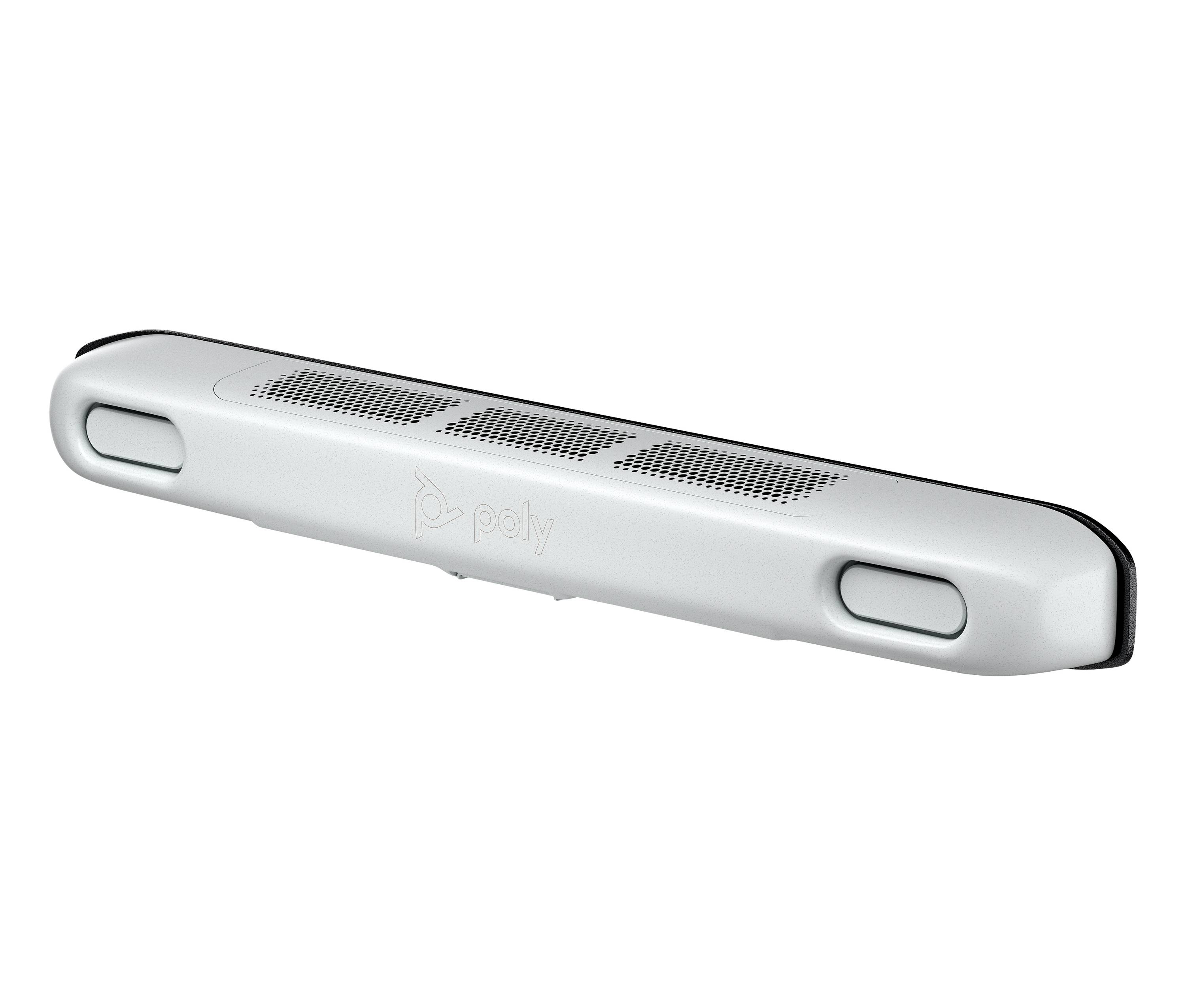 Slanke witte Poly headset-speakereenheid met geperforeerde grille en twee zijknoppen, weergegeven op een witte achtergrond.