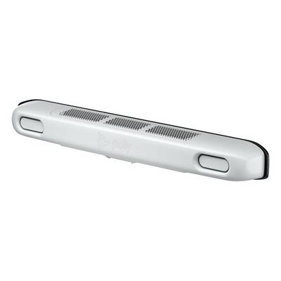 Slanke witte Poly headset-speakereenheid met geperforeerde grille en twee zijknoppen, weergegeven op een witte achtergrond.