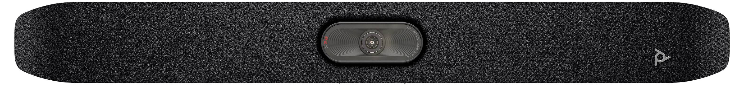 Een zwarte horizontale soundbar-luidspreker met een centraal camera- of sensormodule, weergegeven in vooraanzicht op een witte achtergrond.