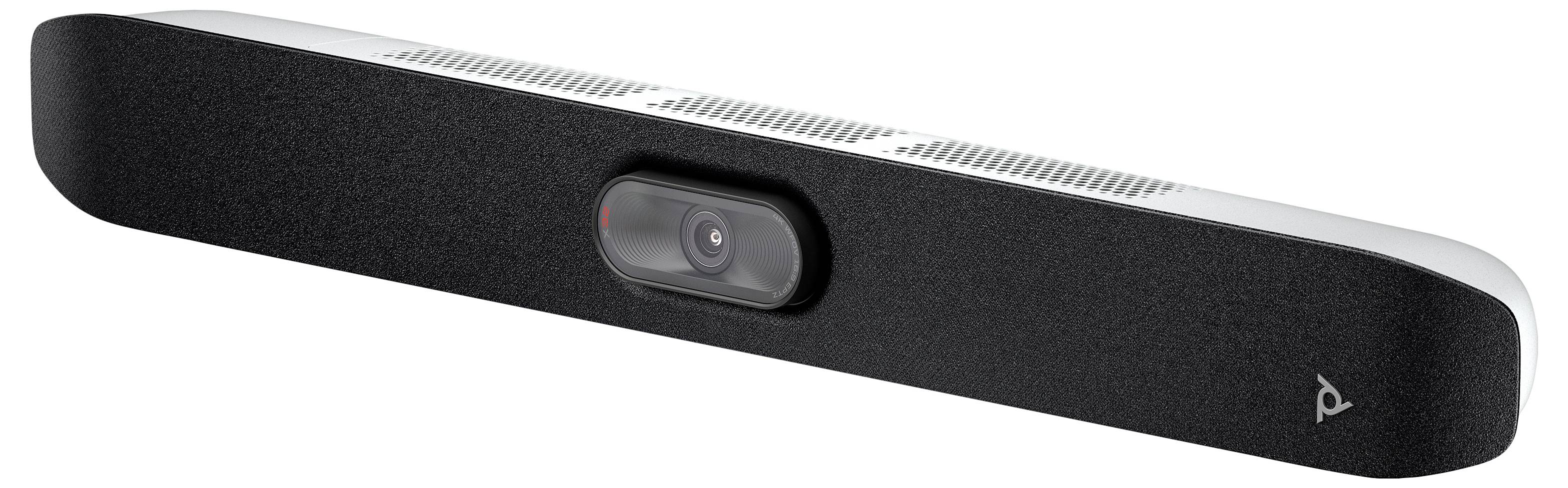 Een slanke zwarte conferenciesoundbar met een gecentreerde cameralinz en zilveren bovenkant, weergegeven op een witte achtergrond.