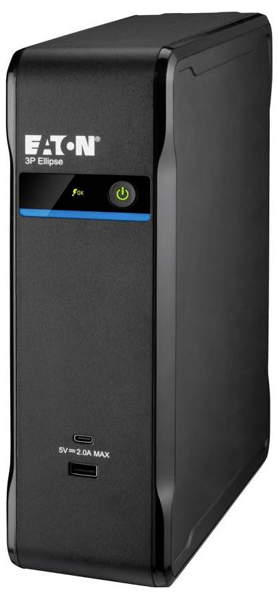 Zwart EATON 3P Ellipse onderbreekingsloos stroomvoorzieningssysteem met aan/uitknop, statusweergave en USB-laadpoort aan de voorkant.