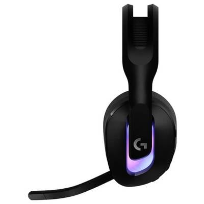 Zwarte gaming-headset met een geïntegreerde microfoon en instelbare LED-verlichting op het oorkussen, met paarse en blauwe kleuren.